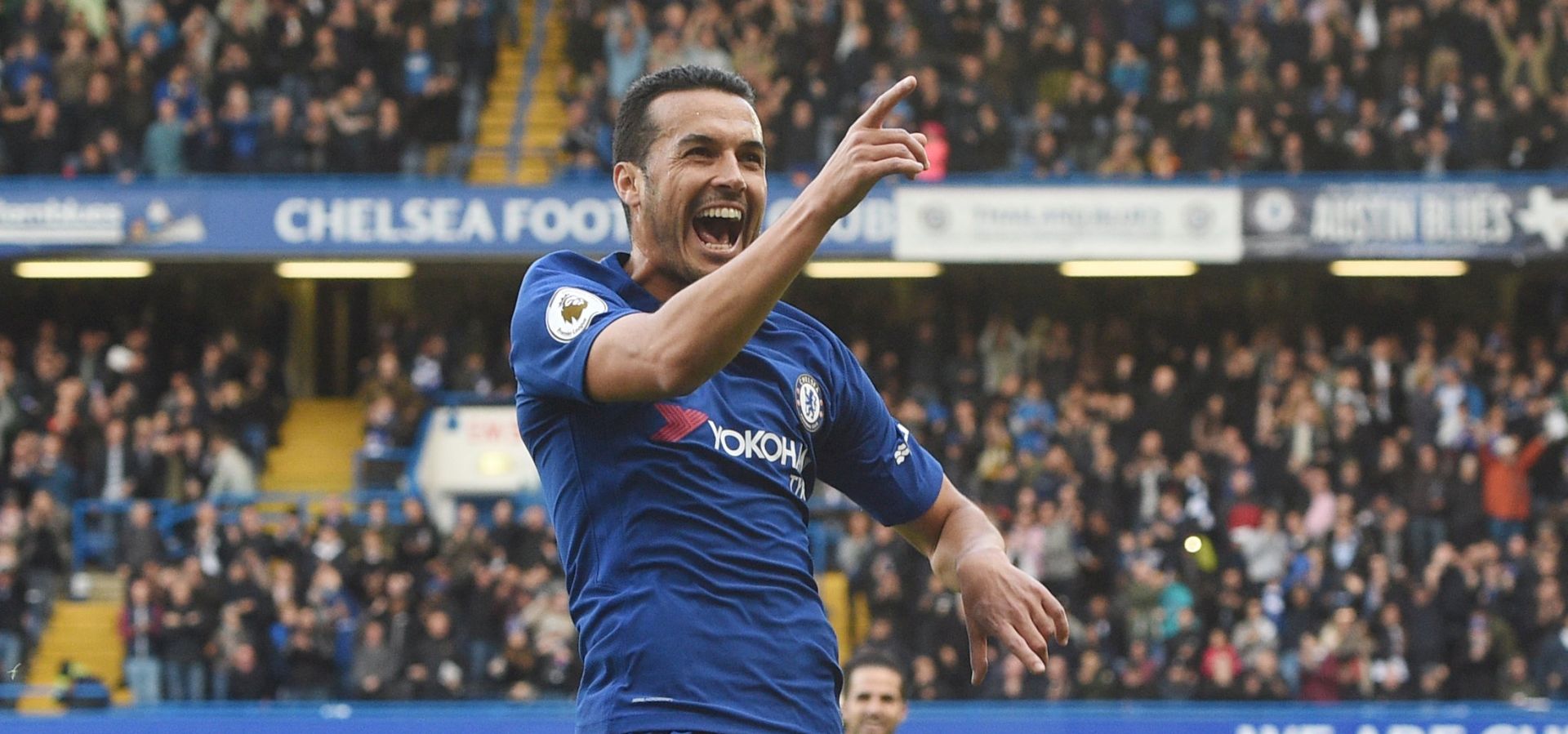 epa06280068 Chelsea's Pedro celebrates scoring a goal during the English Premier League soccer match between Chelsea FC and Watford FC at Stamford Bridge in London, Britain, 21 October 2017.  EPA/FACUNDO ARRIZABALAGA EDITORIAL USE ONLY. No use with unauthorized audio, video, data, fixture lists, club/league logos or 'live' services. Online in-match use limited to 75 images, no video emulation. No use in betting, games or single club/league/player publications.