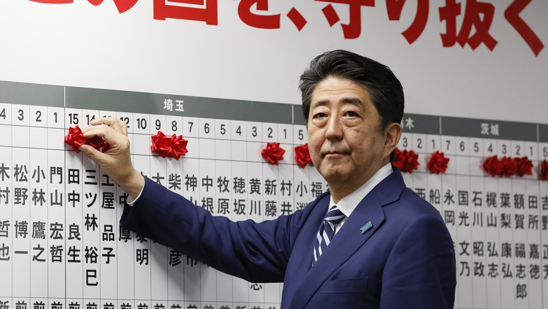 epa06282186 Japanese Prime Minister Shinzo Abe puts a red rose on name of a party's candidate to be elected in the Lower House election at headquarters of the ruling Liberal Democratic Party (LDP) in Tokyo, Japan, 22 October 2017. The LDP and a coalition partner are expected to win landslide victory in the election. The Japanese characters reads, 'Defend this country'.  EPA/KIMIMASA MAYAMA
