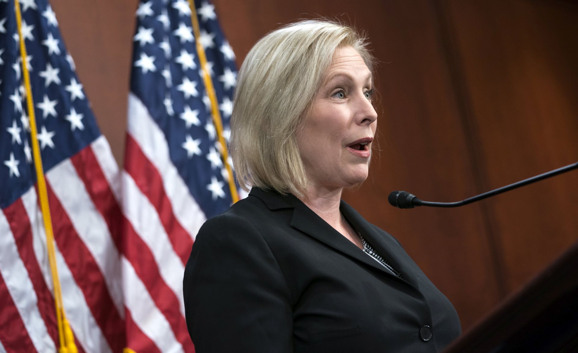 epa06385248 Democratic Senator from New York, Kirsten Gillibrand, speaks about President Trump's sexually suggestive tweet about her in the US Capitol in Washington, DC, USA, 12 December 2017. In response to the President's suggestion that she would 'do anything' for money, Gillibrand said 'you cannot silence me or the millions of women who have gotten off the sidelines to speak out about the unfitness and shame you have brought to the Oval Office.'  EPA/JIM LO SCALZO