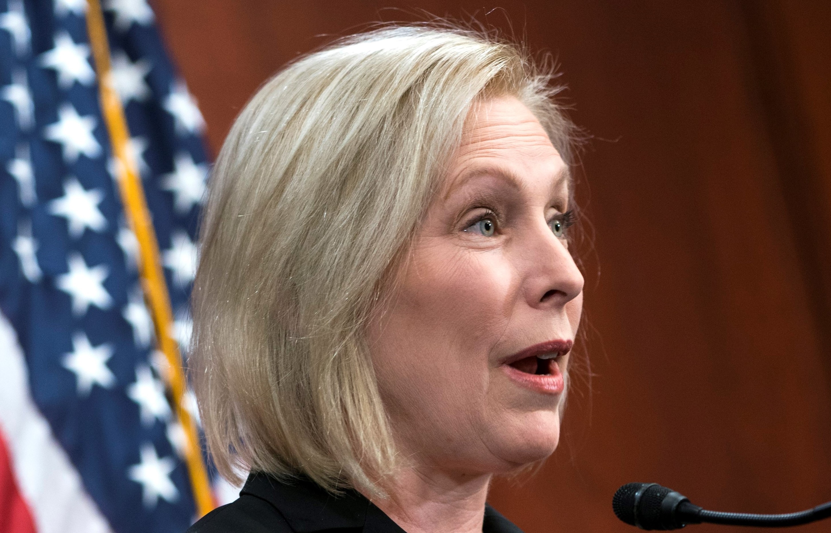 epa06385248 Democratic Senator from New York, Kirsten Gillibrand, speaks about President Trump's sexually suggestive tweet about her in the US Capitol in Washington, DC, USA, 12 December 2017. In response to the President's suggestion that she would 'do anything' for money, Gillibrand said 'you cannot silence me or the millions of women who have gotten off the sidelines to speak out about the unfitness and shame you have brought to the Oval Office.'  EPA/JIM LO SCALZO