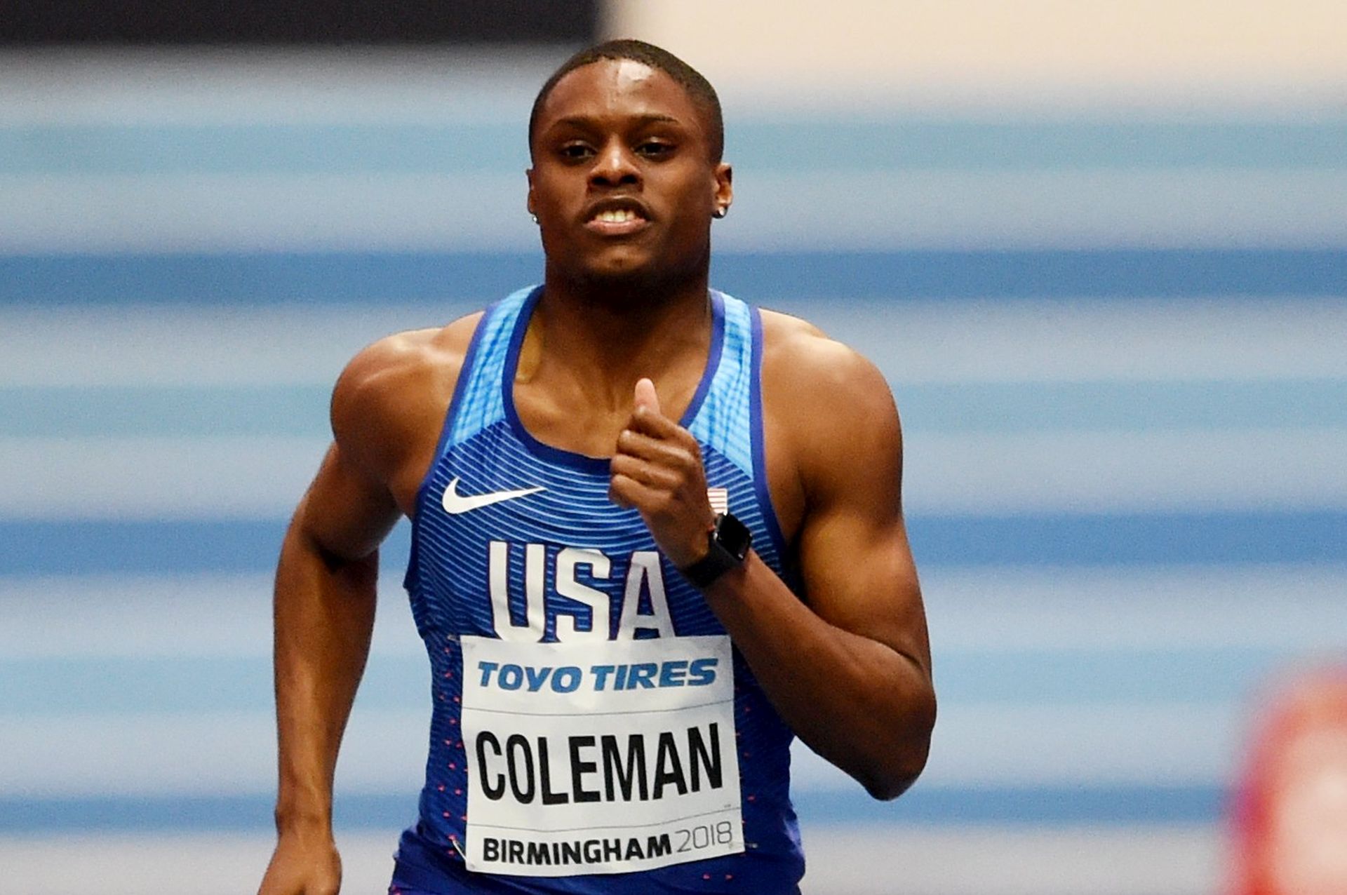 epa06577107 Christian Coleman of the USA in action during the Men's 60 metres heats of the IAAF Athletics World Indoor Championships at Arena Birmingham, Britain, 03 March 2018.  EPA/FACUNDO ARRIZABALAGA