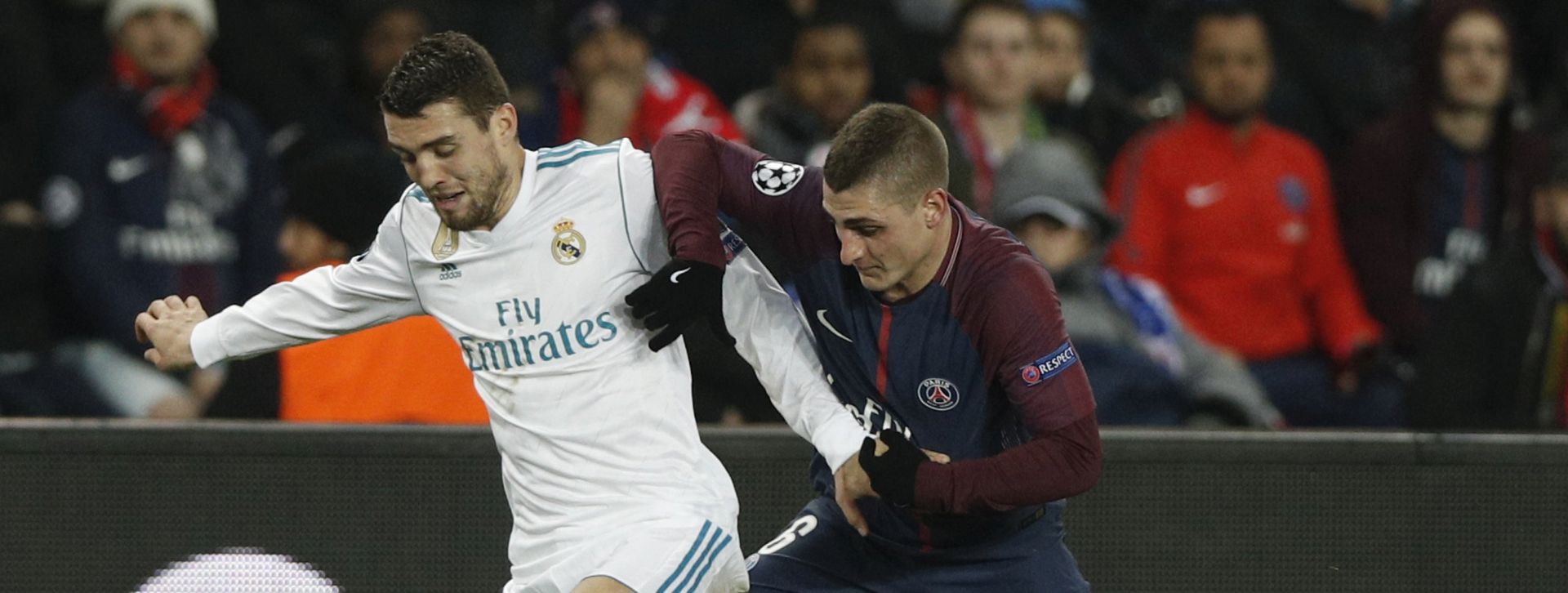 epa06585540 Paris Saint Germain's Marco Verratti (R) and Real Madrid's Mateo Kovacic (L) in action during the UEFA Champions League round of 16, second leg soccer match between Paris Saint Germain and Real Madrid, in Paris, France, 06 March 2018.  EPA/YOAN VALAT
