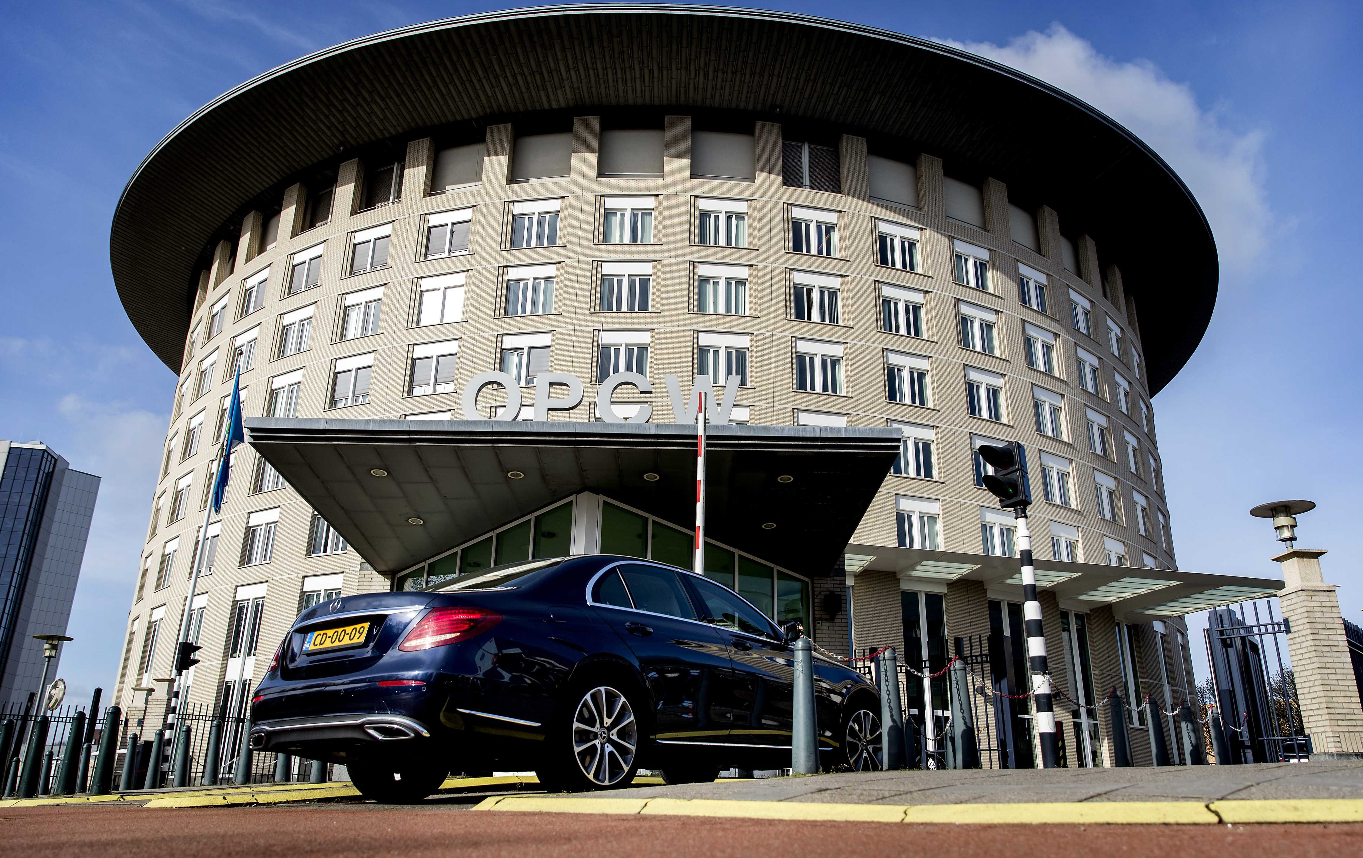 epa06672543 An exterior view of the headquarters of the Organisation for the Prohibition of Chemical Weapons (OPCW) in The Hague, The Netherlands, 16 April 2018, on the day that the board will meet for a special session trying to clarify the alleged poison gas attack in Douma, Syria on 07 April 2018.  EPA/KOEN VAN WEEL