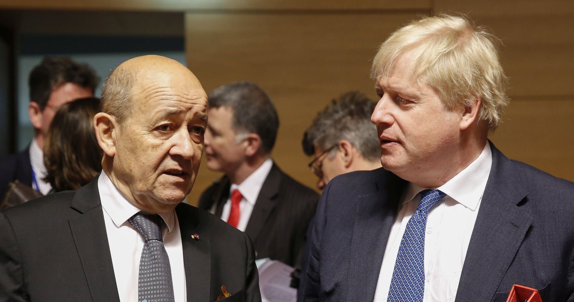 epa06672432 French Foreign Minister Jean-Yves Le Drian (L) and British Foreign Secretary Boris Johnson (R) at the start of the Foreign Affairs Council in Luxembourg, 16 April 2018. Foreign Ministers will discuss the situation in Syria and exchange views on Russia. They will also discuss the latest developments in the aftermath of the Salisbury attack.  EPA/JULIEN WARNAND