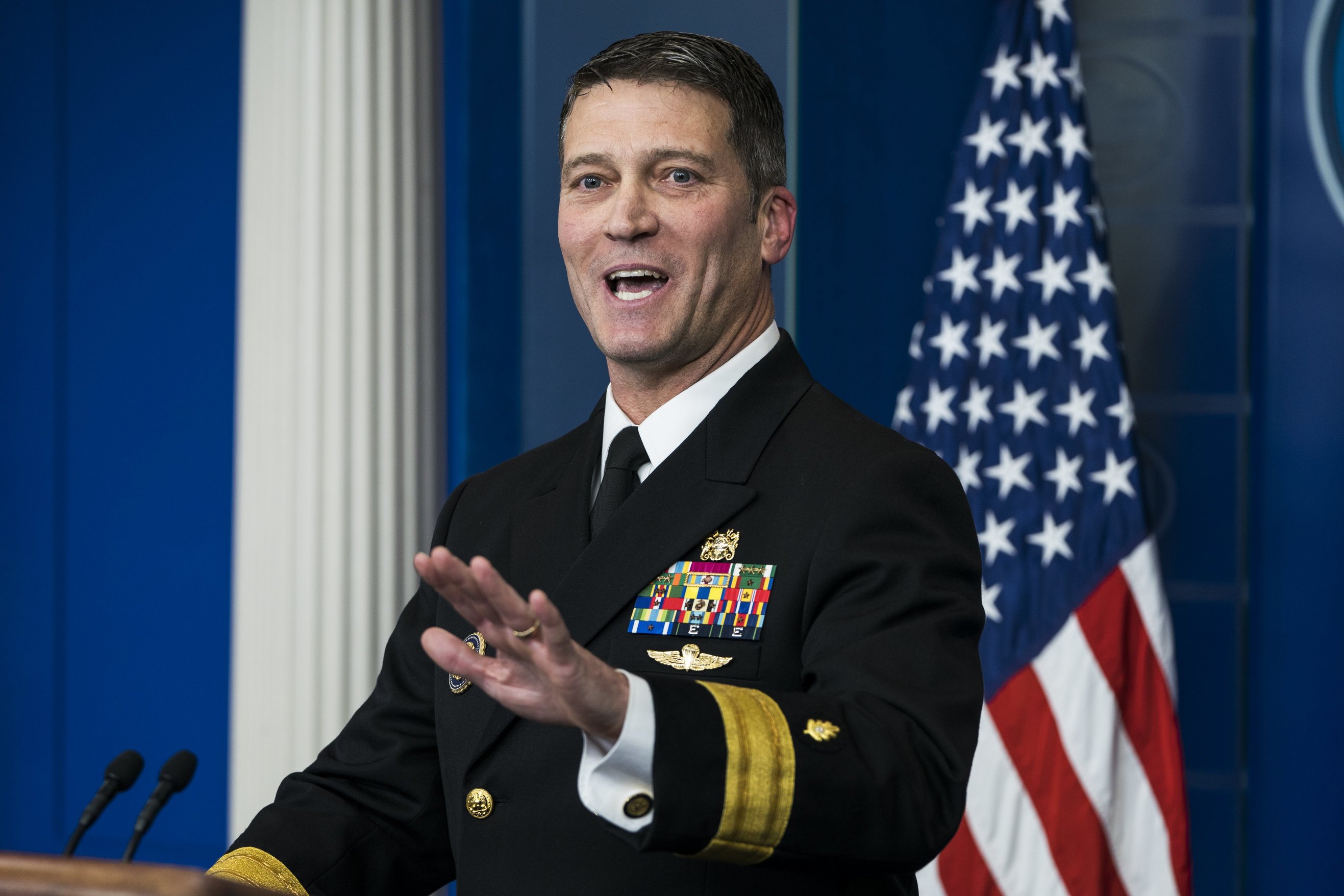 epa06635077 (FILE) Dr. Ronny Jackson, the White House physician, speaks about the physical exam conducted on US President Donald J. Trump Walter Reed National Military Medical Center last week in the White House Briefing Room in Washington, DC, USA 16 January 2018 (reissued 28 March 2018). According to a statement by US President Donald J. Trump on 28 March 2018, US Secretary of Veterans Affairs David Shulkin will resign and Trump intends to nomimate White House physician Dr. Ronny Jack to replace him.  EPA/JIM LO SCALZO