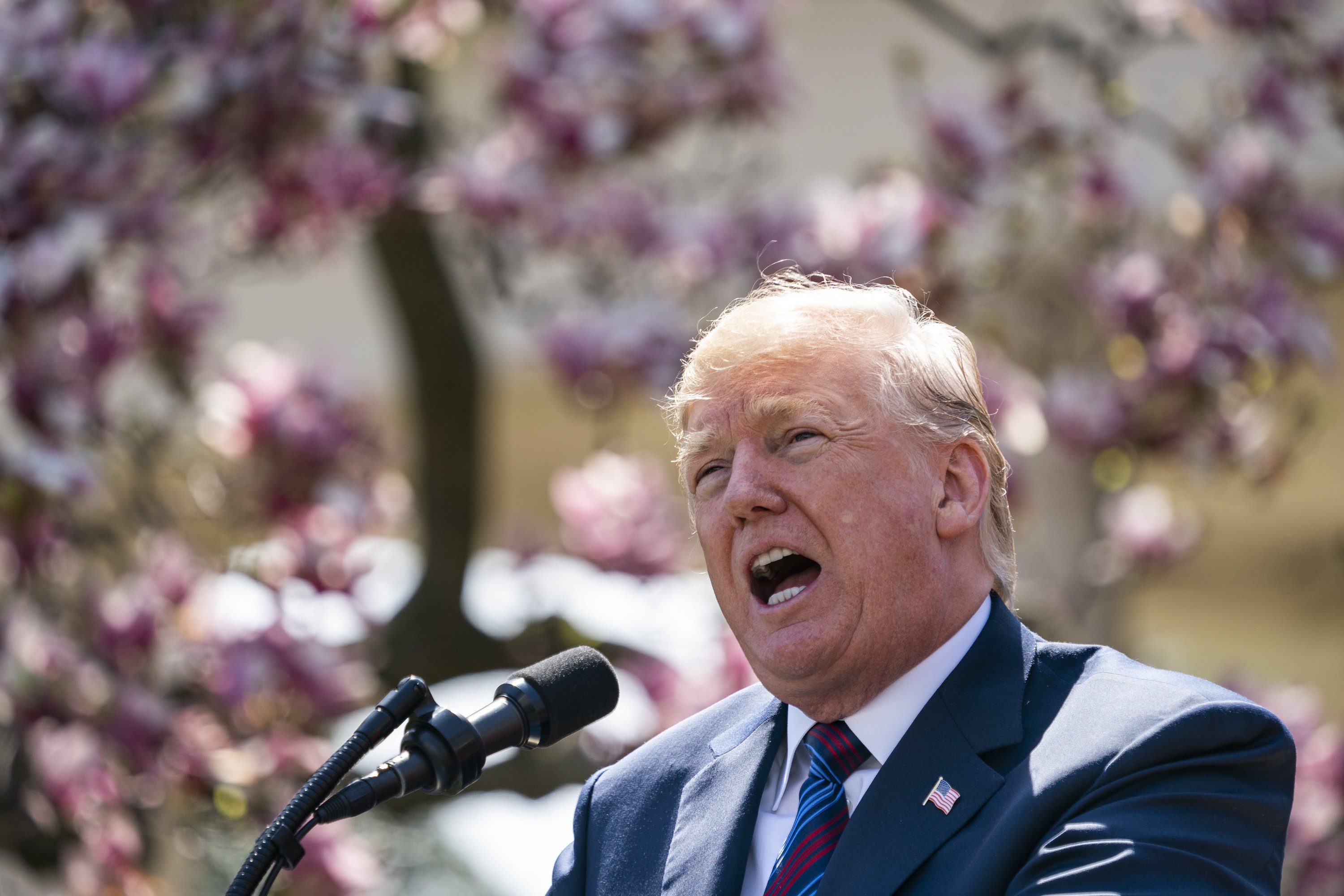 epa06664913 US President Donald J. Trump speaks about his tax cuts in the Rose Garden of the White House in Washington DC, USA, 12 April 2018. Earlier in the day, President Trump once again taunted Russia in a tweet, saying an attack on Syrian 'could be very soon or not so soon at all' in response to Syria's reported chemical weapons attack against a rebel-held town in Eastern Ghouta.  EPA/JIM LO SCALZO