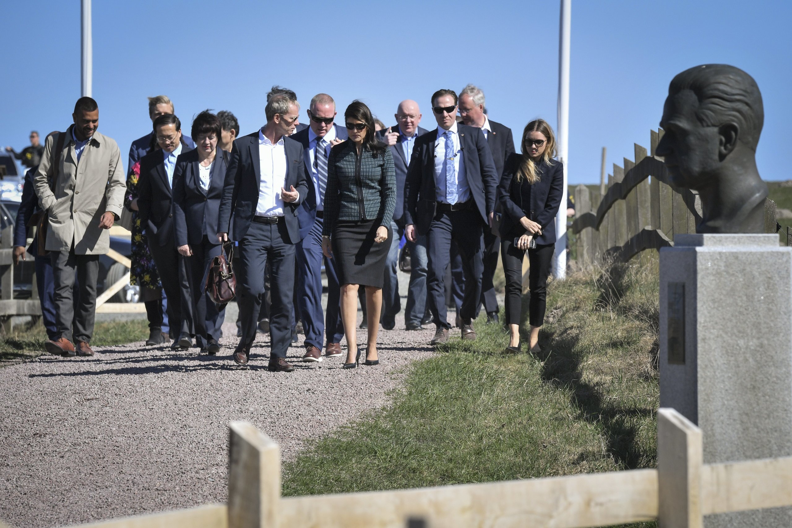 epa06682905 Sweden's ambassador to the United Nations Olof Skoog (front L) and United States Ambassador to the UN Nikki Haley (front R) and other members of the UN Security Council arrive for a meeting with UN Security Council meeting at Backakra outside Ystad, southern Sweden, 21 April 2018. The meeting on Syria will take place at Backakra, the estate of Dag Hammarskjold, who served as UN Secretary-General from 1953 until his death in a plane crash in September 1961.  EPA/JOHAN NILSSON SWEDEN OUT