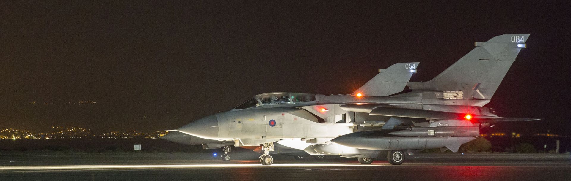 epa06667963 A handout photo made available by the British Ministry of Defence (MoD) showing two British Royal Air Force (RAF) Tornado taxing before take off at RAF Akrotiri, Cyprus, 14 April 2018 after conducting strikes in support of Operations over the Middle East.The MoD report that four RAF Tornado's took off on 14 April 2018 from RAF Akrotiri to conduct precision strikes on Syrian installations involved in the use of chemical weapons. The Tornados, flown by 31 Squadron the Goldstars, were supported by a Voyager aircraft. They launched Storm Shadow missiles at a military facility – a former missile base – some fifteen miles west of Homs, where the regime is assessed to keep chemical weapon precursors stockpiled in breach of Syria’s obligations under the Chemical Weapons Convention.  Very careful scientific analysis was applied to determine where best to target the Storm Shadows to maximise the destruction of the stockpiled chemicals and to minimise any risks of contamination to the surrounding area.  The facility which was struck is located some distance from any known concentrations of civilian habitation, reducing yet further any such risk.  EPA/Cpl L MATTHEWS / BRITISH MINISTRY OF DEFENCE / HANDOUT MANDATORY CREDIT MOD: CROWN COPYRIGHT HANDOUT EDITORIAL USE ONLY/NO SALES