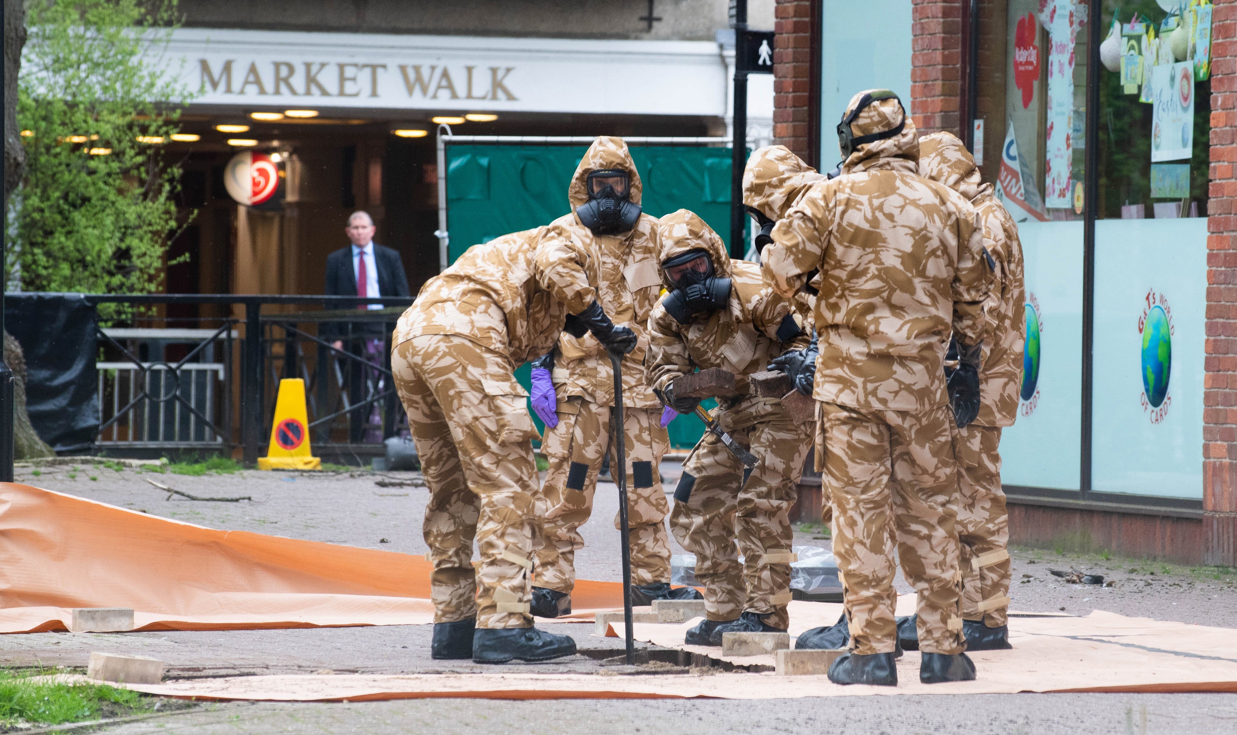 epa06689284 A handout photo made available by the British Ministry of Defence (MoD) showing British millitary personnel from Suffolk based 20 Wing Royal Air Force Regiment and Wiltshire based 22 Engineer Regiment are working in The Maltings Shopping Centre, in Salisbury, Wiltshire, Britain, 24 April 2018 to remove material in accordance with direction by the British Department for Environment, Food and Rural Affairs (DEFRA). Military personnel from the Army and the Royal Air Force have commenced work today in support of DEFRA and the civil authorities with the recovery operation in Salisbury, Wiltshire in the aftermath of the nerve agent attack in March against Russian ex-spy Sergei Skripal and his daughter Yulia Skripal. Around 190 military personnel in total will assist in the recovery operation providing key skills, equipment and capability.  EPA/CPL PETE BROWN / BRITISH MINISTRY OF DEFENCE/ HANDOUT MANDATORY CREDIT: CPL PETE BROWN MOD: CROWN COPYRIGHT HANDOUT EDITORIAL USE ONLY/NO SALES