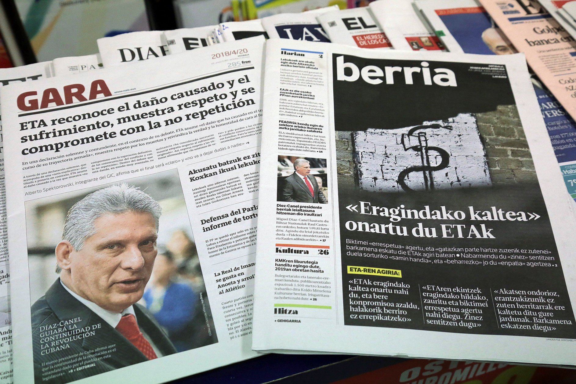 epa06680906 Basque newspapers Gara and Berria are pictured at a press kiosk showing ETA's last announcement asking for forgiveness on their front pages in San Sebastian, Spain, 20 April 2018. According to ETA's release, the terrorist band admits the 'caused damage' and their 'direct responsibility' in the 'unmeasured pain' suffered by the Basque society, and assures the band is 'really sorry' for the victims, to whom they express their 'respect'. The separatist terrorist group have made their apologies public by a press release to Gara and Berria Basque newspapers in which they voice their regrets for the pain caused to all the affected by their actions and asks for 'forgiveness' to their victims who were not 'directly' involved in the 'conflict'. The apologize arrives as ETA is expected to announce its definitive and voluntary surcease of violence 05 May 2018.  EPA/Gorka Estrada