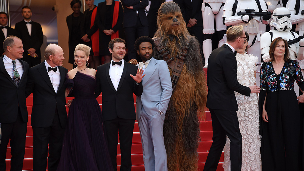 Mandatory Credit: Photo by Anthony Harvey/REX/Shutterstock (9672312eh)
Phoebe Waller-Bridge, Paul Bettany, Chewbacca, Donald Glover, Alden Ehrenreich, Emilia Clarke, Ron Howard, Woody Harrelson, Thandie Newton and Joonas Suotamo
'Solo: A Star Wars Story' premiere, 71st Cannes Film Festival, France - 15 May 2018