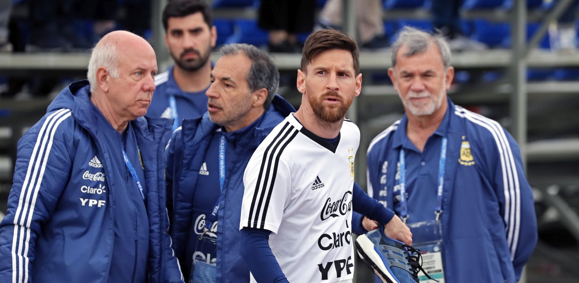 epa06800700 Lionel Messi (2-R) of Argentina after a training session in Bronnitsy, outside Moscow, Russia, 11 June 2018. Argentina's national soccer team prepares for the FIFA World Cup 2018 taking place in Russia from 14 June to 15 July 2018.  EPA/YURI KOCHETKOV
