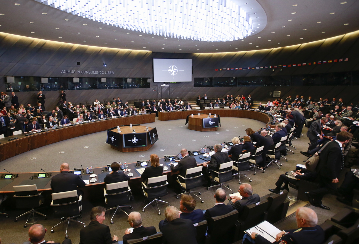 epa06791180 A general view of the plenary room at the start of a Nato Defense Ministers Council, taking place for the first time at the new NATO headquarters, in Brussels, Belgium, 07 June 2018.  EPA/OLIVIER HOSLET
