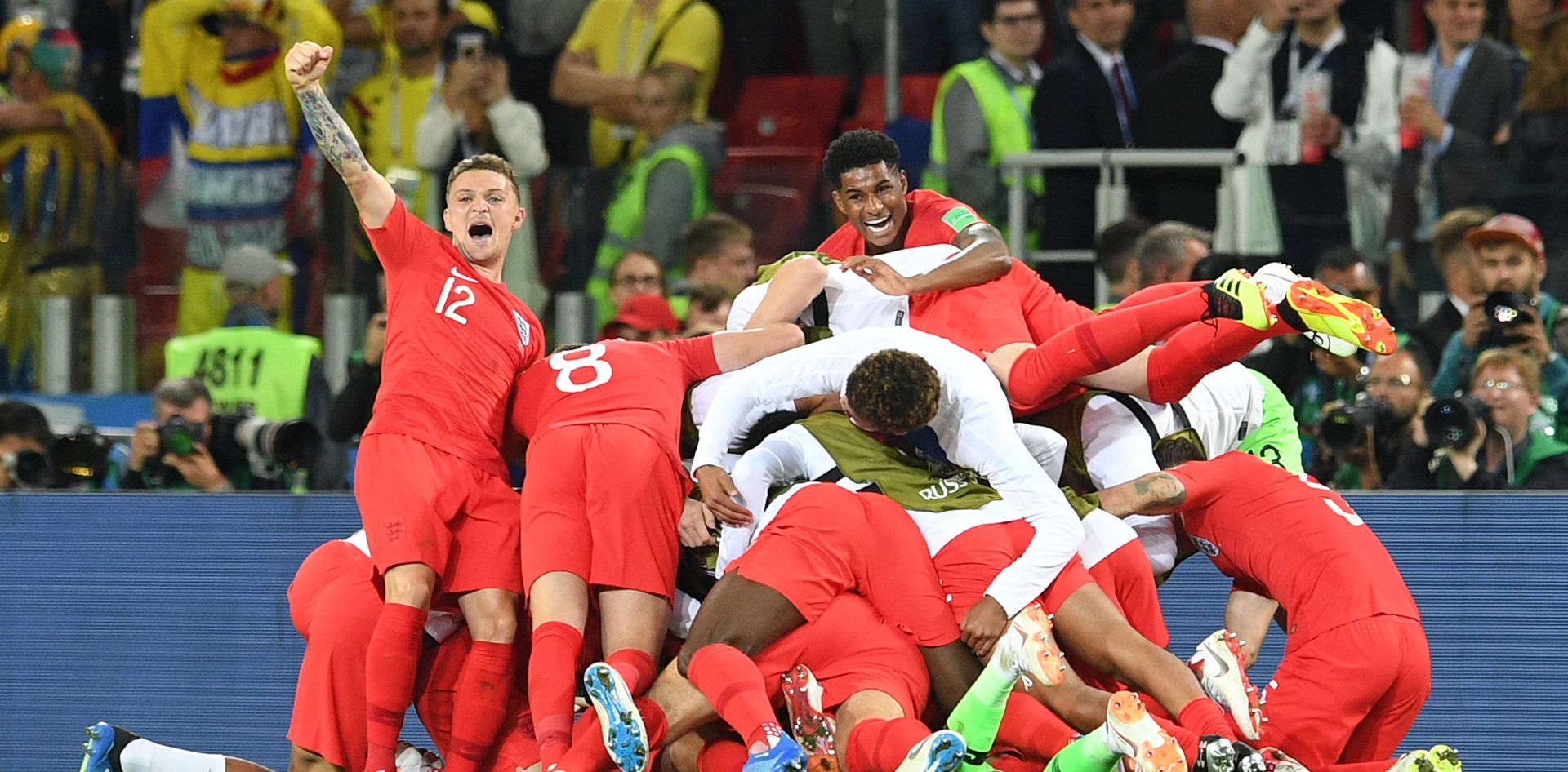 epa06862503 England players react after winning the penalty shootout during the FIFA World Cup 2018 round of 16 soccer match between Colombia and England in Moscow, Russia, 03 July 2018.

(RESTRICTIONS APPLY: Editorial Use Only, not used in association with any commercial entity - Images must not be used in any form of alert service or push service of any kind including via mobile alert services, downloads to mobile devices or MMS messaging - Images must appear as still images and must not emulate match action video footage - No alteration is made to, and no text or image is superimposed over, any published image which: (a) intentionally obscures or removes a sponsor identification image; or (b) adds or overlays the commercial identification of any third party which is not officially associated with the FIFA World Cup)  EPA/FACUNDO ARRIZABALAGA   EDITORIAL USE ONLY