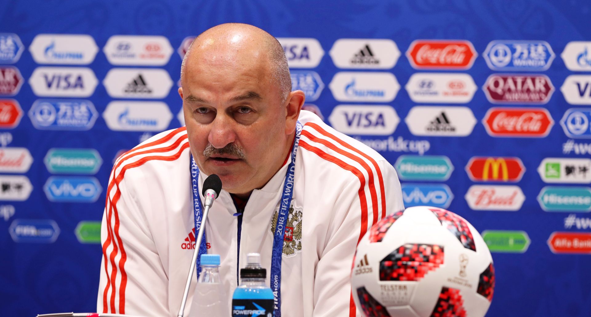 epa06867512 Russia's head coach Stanislav Cherchesov speaks during a press conference in Sochi, Russia, 06 July 2018. Russia will face Croatia in their FIFA World Cup 2018 quarter final soccer match on 07 July 2018 in Sochi.  EPA/MOHAMED MESSARA   EDITORIAL USE ONLY