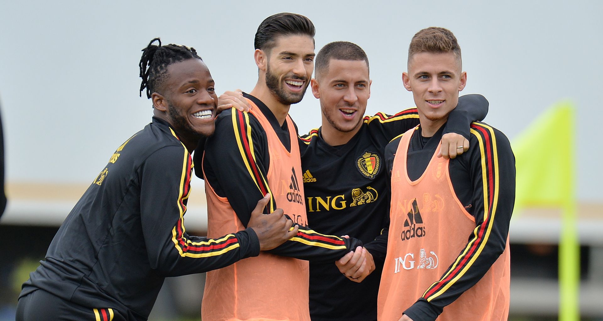epa06874788 Belgian players (from lef) Michy Batshuayi, Yannick Carrasco, Eden Hazard and Thorgan Hazard during a training session held at Guchkovo Stadium, Moscow, Russia, 09 July 2018. Belgium will face France in a semi final match of the FIFA World Cup 2018 Russia on 10 July.  EPA/PETER POWELL