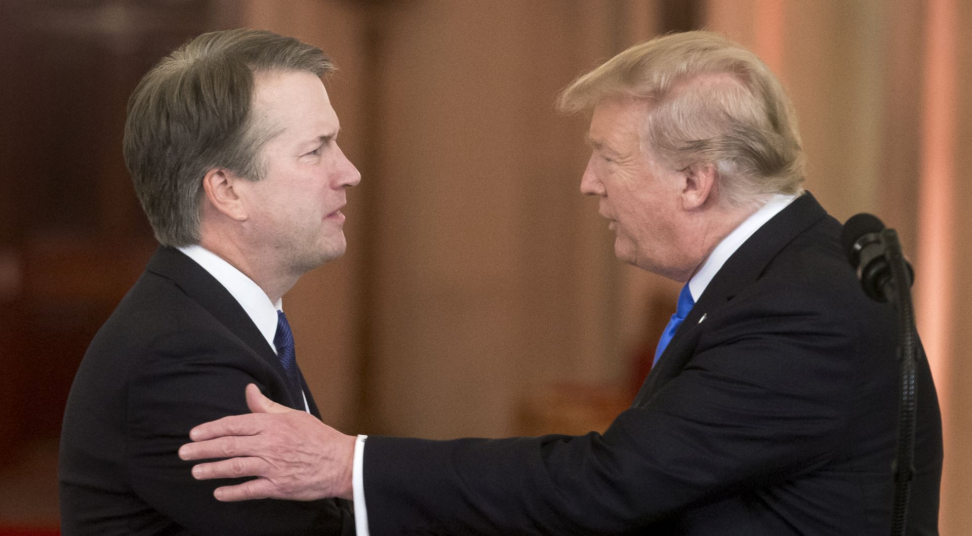 epa06876901 US President Donald J. Trump (R) announces Federal appeals court judge Brett Kavanaugh (L) as his nominee to replace retiring Supreme Court Justice Anthony Kennedy, in the East Room of the White House in Washington, DC, USA, 09 July 2018. The confirmation of Trump's Supreme Court nominee is expected to face strong opposition from Senate Democrats, as the balance of the court could be altered with long-lasting effect on controversial laws.  EPA/MICHAEL REYNOLDS