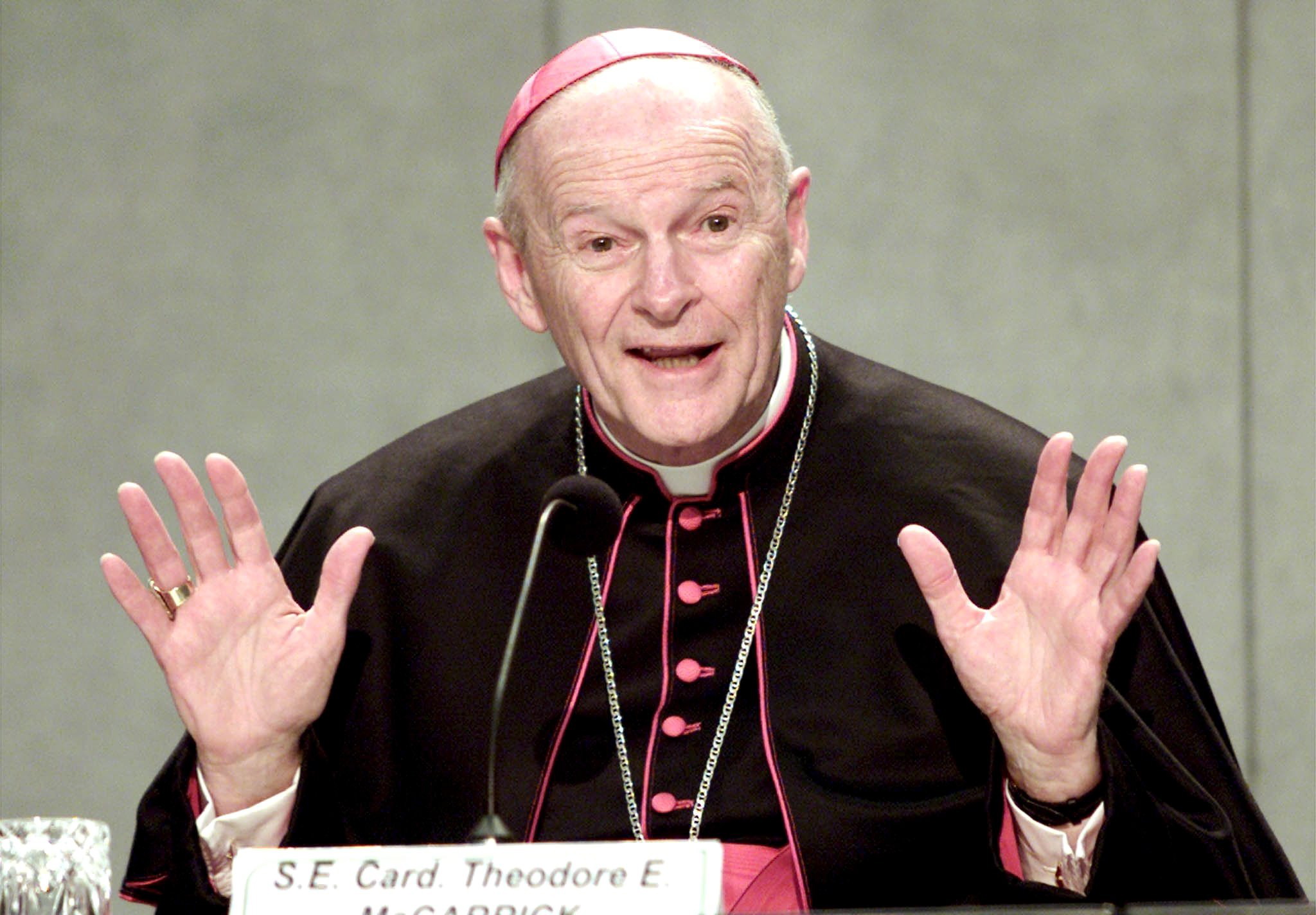 epa06915550 (FILE) - US Cardinal Theodore McCarrick of the Archdiocese of Washington speaks during a news conference at the Vatican press center, Vatican City, 24 April 2002 (reissued 28 July 2018). According to reports, Pope Francis on 28 July 2018 accepted Theodore McCarrick's from College of Cardinals over his sex scandal. McCarrick was accused of sexually abusing a teenager nearly five decades ago during his time as a priest in the Archdiocese of New York.  EPA/DANILO SCHIAVELLA *** Local Caption *** 99363528