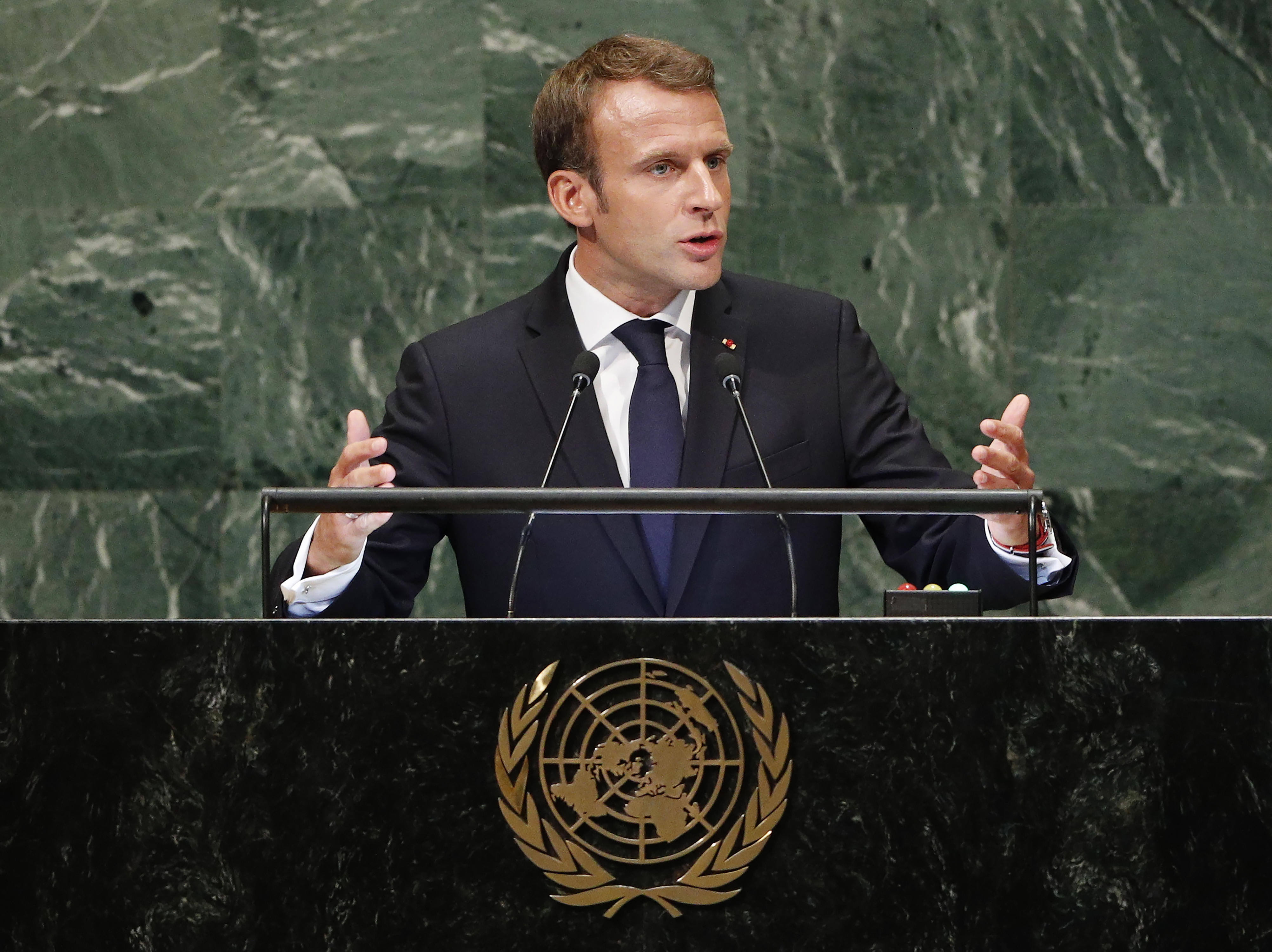 epa07046253 French President Emmanuel Macron addresses the General Debate of the General Assembly of the United Nations at United Nations Headquarters in New York, New York, USA, 25 September 2018. The General Debate of the 73rd session begins on 25 September 2018.  EPA/JUSTIN LANE