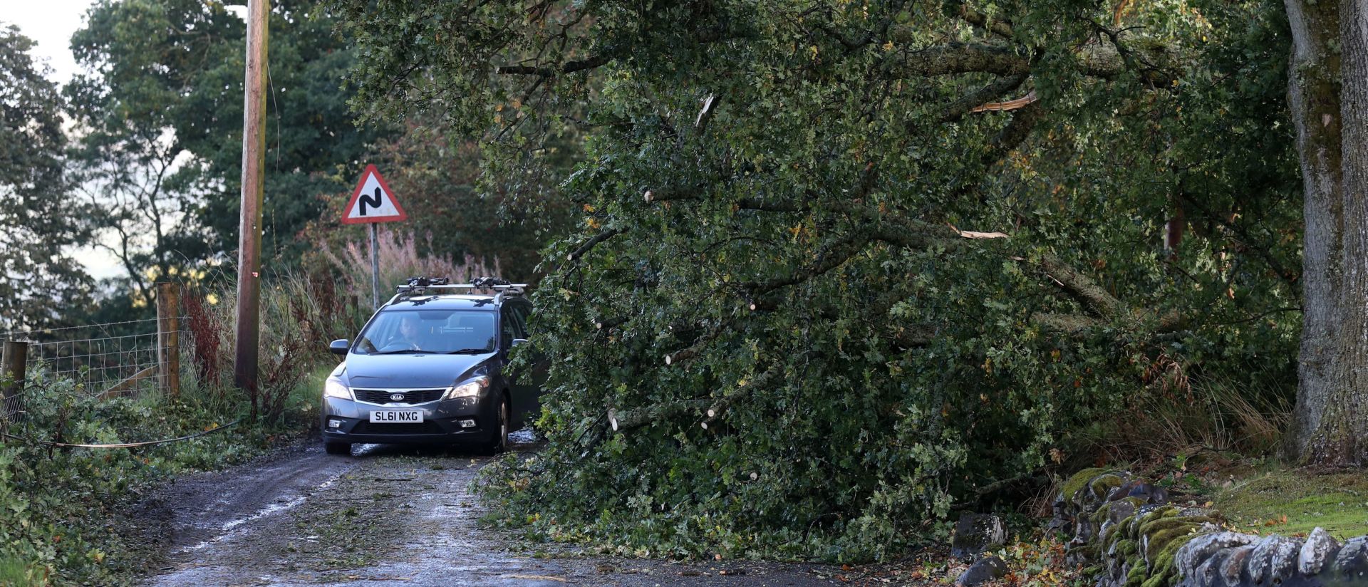 Autumn weather Sep 19th 2018 A car makes its way past a fallen tree near Fintry, central Scotland, after it was blown down in high winds brought by Storm Ali. Andrew Milligan  Photo: Press Association/PIXSELL