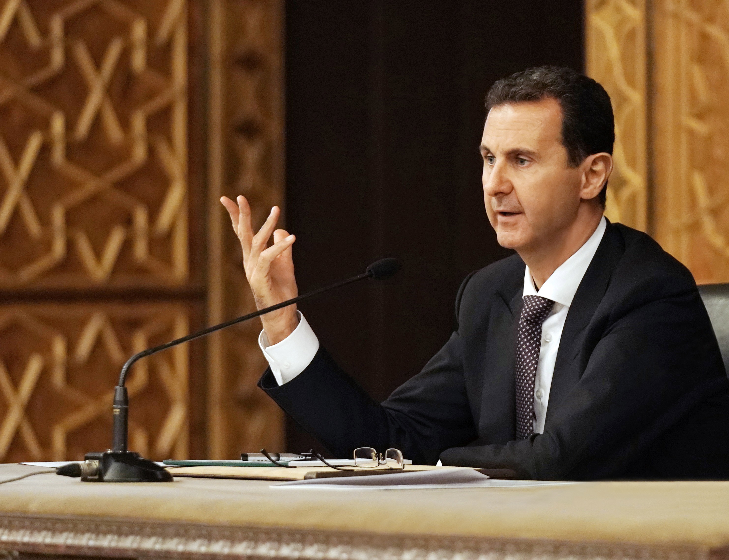 epa07077198 A handout photo made available by Syrian Arab News Agency (SANA)  shows Syrian President Bashar Assad chairing a meeting of the Central Committee of al-Baath Arab Socialist Party in Damascus, Syria, 07 October 2018. According to SANA, Assad said the 'Idleb agreement' was a temporary measure through which the state has achieved many gains and foremost stemming bloodshed, noting that this province and other Syrian territory will return to the Syrian state.  EPA/SANA HANDOUT  HANDOUT EDITORIAL USE ONLY/NO SALES