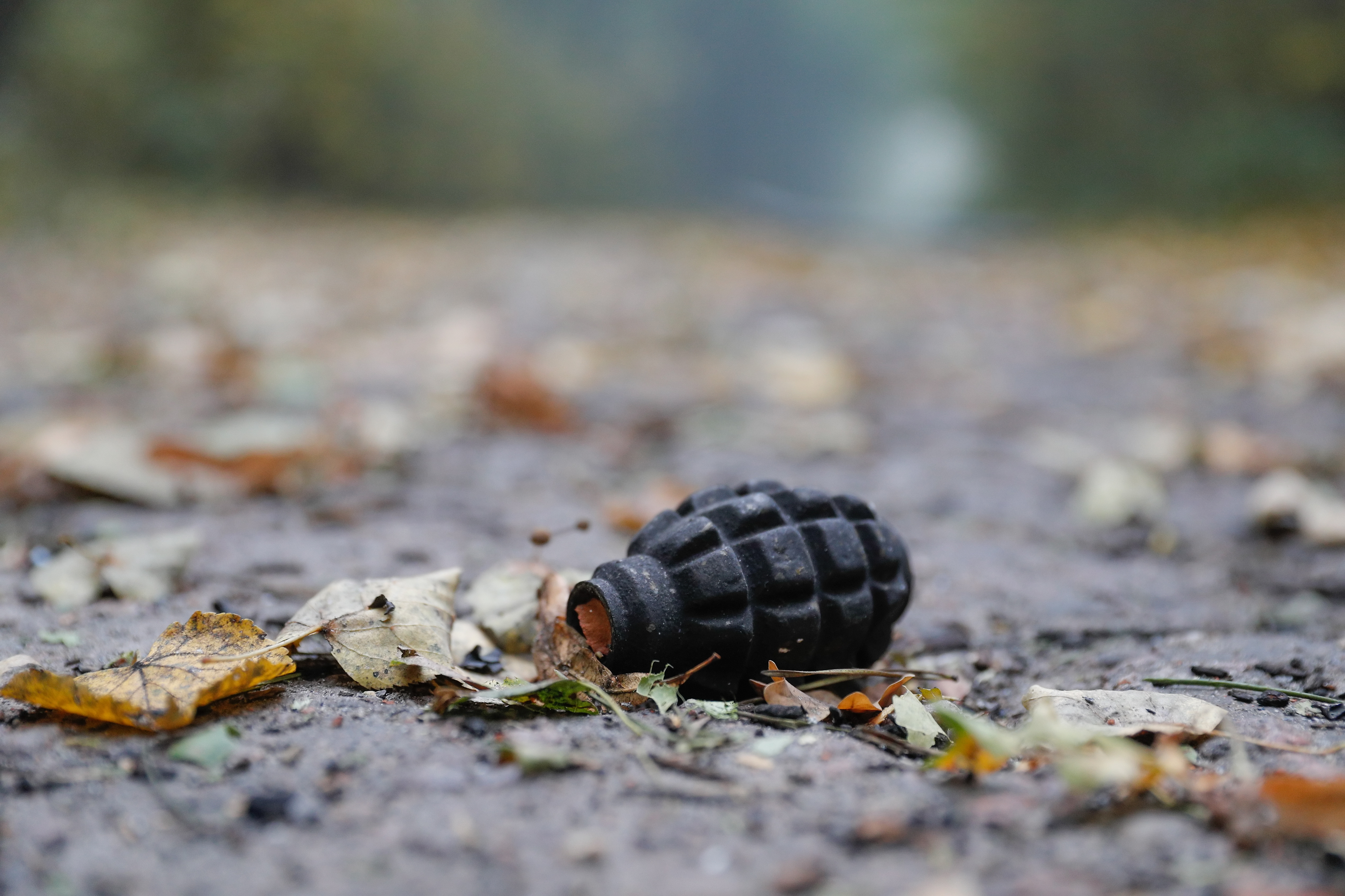 epa07081018 A fragmentation hand grenade shell without fuze lies on a road near an ammunition depot of the Ukrainian Armed Forces near the city of Ichnya, Chernihiv area, Ukraine, 09 October 2018. Munitions including heavy artillery ammunition and 122mm rockets for multiple rocket launchers detonated after a fire broke out at the ammunition depot. Deputy Head of the General Staff of the Armed Forces of Ukraine Rodion Tymoshenko told the media that the fire at the 6th arsenal started with four explosions in a warehouse.  EPA/SERGEY DOLZHENKO