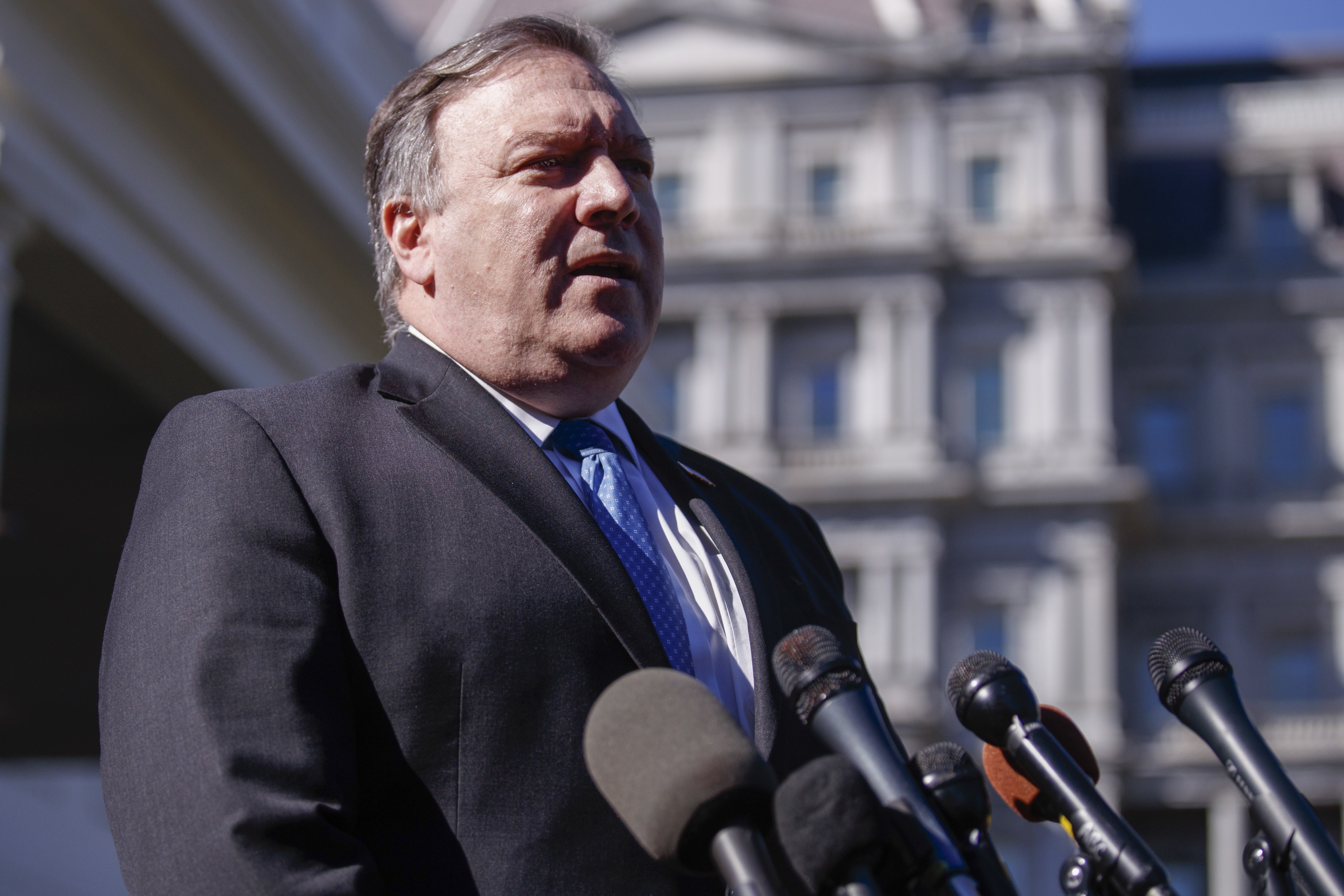 epa07102272 US Secretary of State Mike Pompeo responds to a question from the news media following a meeting with US President Donald J. Trump about missing Saudi Arabian journalist Jamal Khashoggi outside the White House in Washington, DC, USA, 18 October 2018. Secretary Pompeo returned yesterday from Saudi Arabia where he met with Crown Prince Mohammed bin Salmanand and Turkey where he met with President Recep Tayyip Erdogan and Foreign Minister Mevlut Cavusoglu.  EPA/SHAWN THEW
