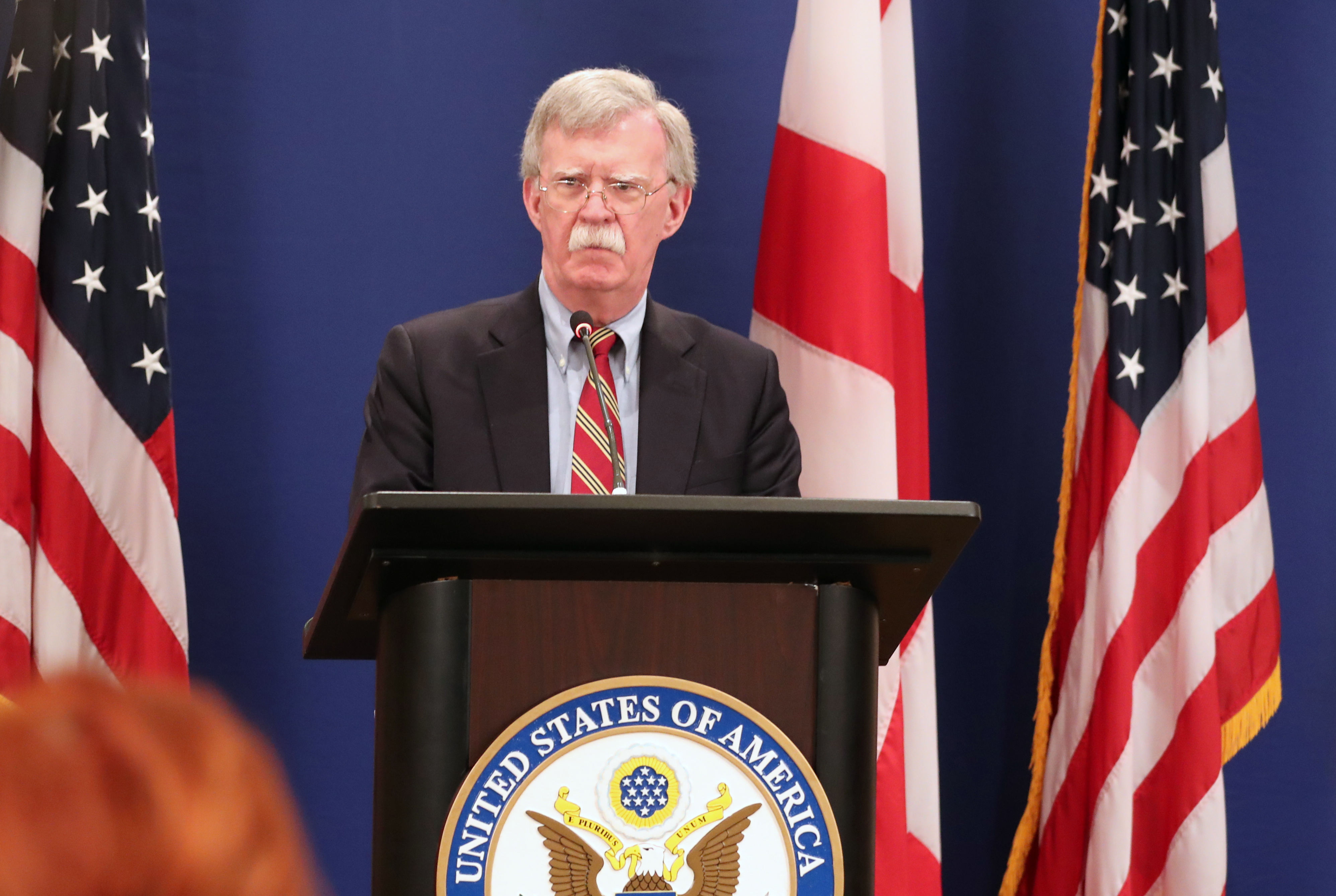 epa07121067 US National Security Adviser John Bolton  attends a briefing in Tbilisi, Georgia, 26 October 2018. The visit to Georgia is the last of Bolton's Caucasus trip with focus on regional security after his talks in Russia.  EPA/ZURAB KURTSIKIDZE