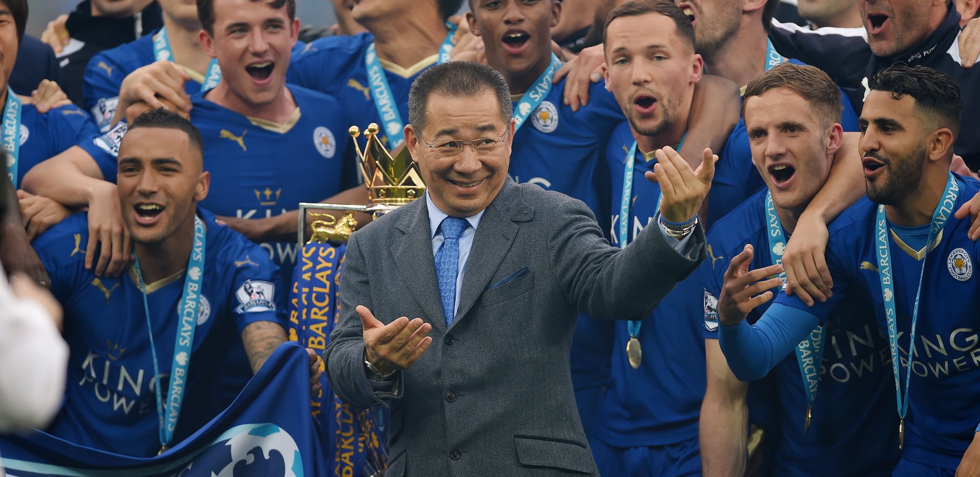 epa07125845 (FILE) - Leicester City's owner Vichai Srivaddhanaprabha (C) reacts after lifting the Premier League trophy after the English Premier League match between Leicester City and Everton at the King Power Stadium Leicester in Leicester, Britain, 07 May 2016. According to reports on 27 October 2018, a helicopter of Leicester City owner Vichai Srivaddhanaprabha, has crashed and burst into flames outside King Power Stadium in Leicester after the Premier League soccer match between Leicester City and West Ham United. It is still unclear if Srivaddhanaprabha was onboard.  EPA/PETER POWELL EDITORIAL USE ONLY. No use with unauthorized audio, video, data, fixture lists, club/league logos or 'live' services. Online in-match use limited to 75 images, no video emulation. No use in betting, games or single club/league/player publications *** Local Caption *** 52743251