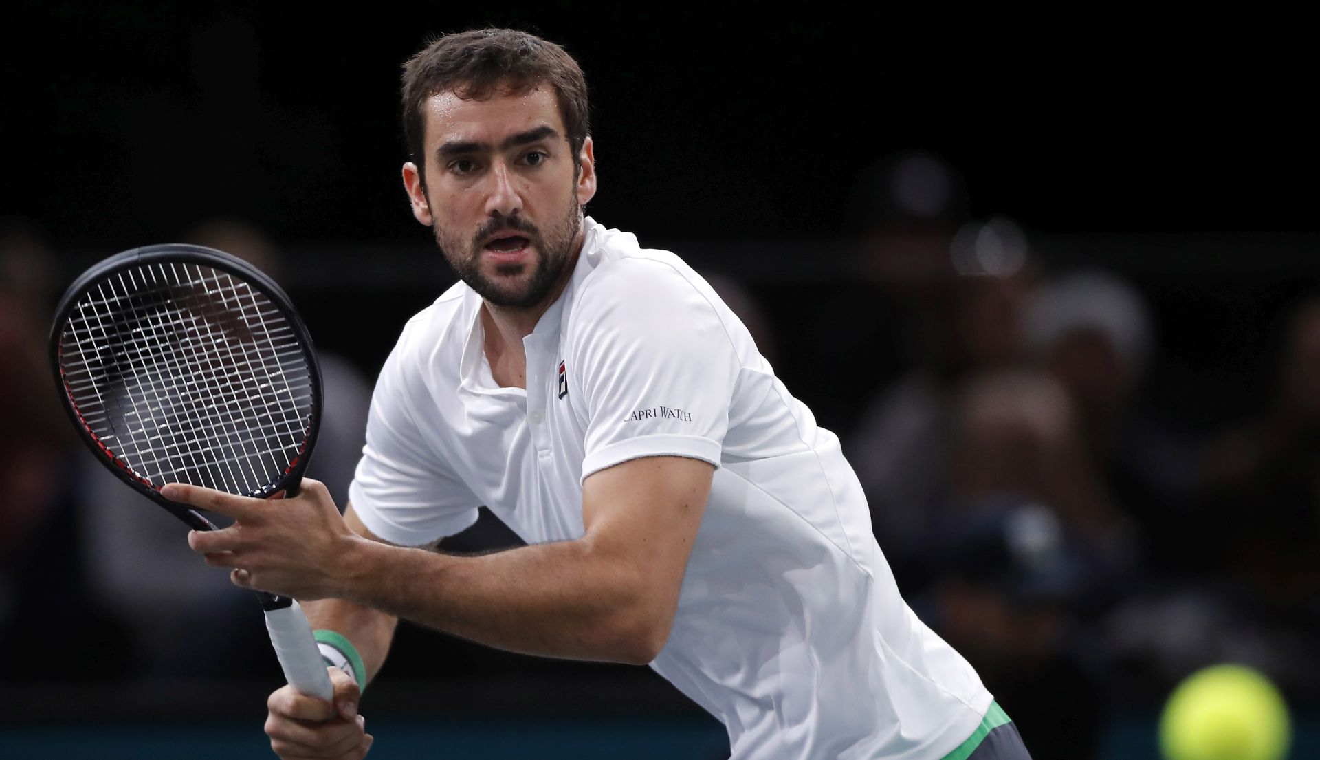 epa07134808 Marin Cilic of Croatia in action during his third round match against Grigor Dimitrov (unseen) of Bulgaria at the Rolex Paris Masters tennis tournament in Paris, France, 01 November 2018.  EPA/CHRISTOPHE PETIT TESSON