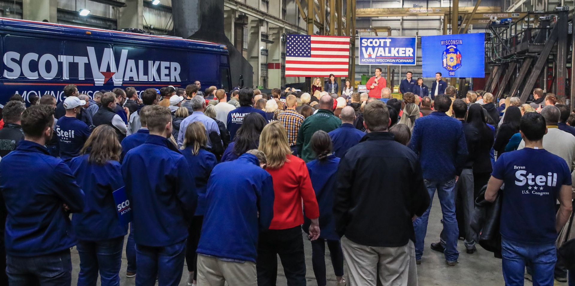 epa07144096 Wisconsin Republican Governor Scott Walker appears at a Get Out The Vote campaign event at Weldall Manufacturing, Inc., in Waukesha, Wisconsin, USA, 05 November 2018. Walker faces a challenge from Democratic challenger Tony Evers.  EPA/TANNEN MAURY