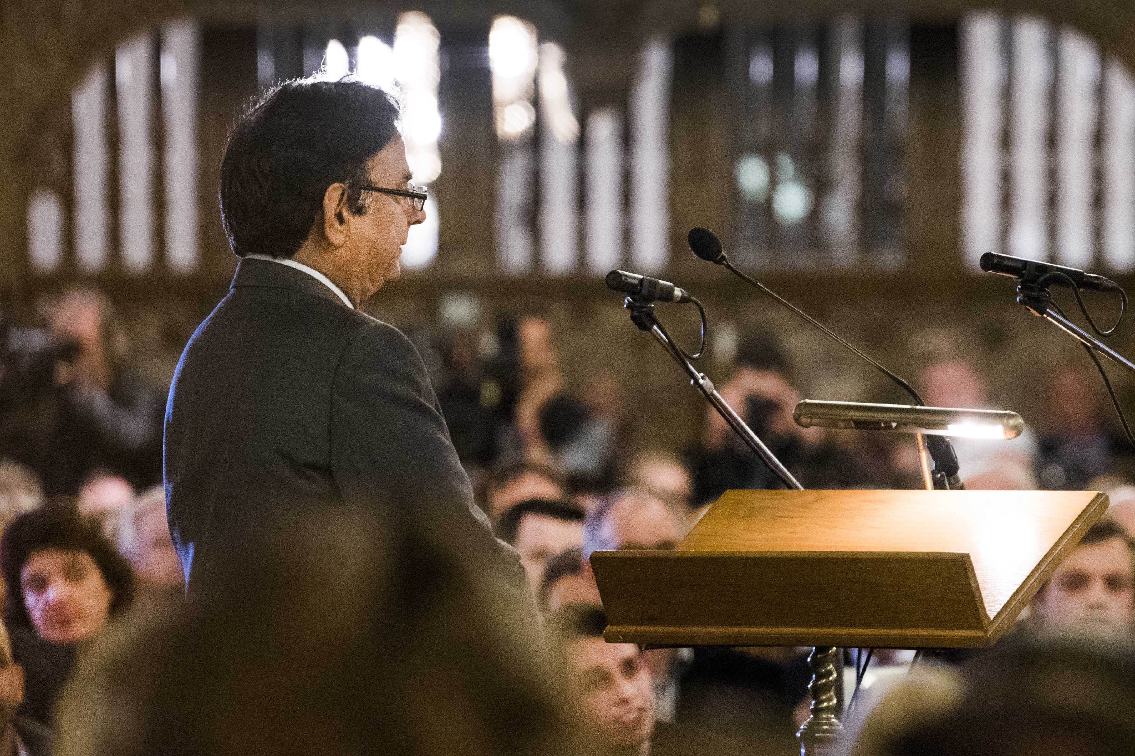 epa07152223 Saif-ul-Malook, Pakistani lawyer of Asia Bibi during a prayer service in the Great Church of Vianen, the Netherlands, on 08 November 2018 for the Pakistani Asia Bibi, the Christian who spent years on death row. Bibi is now acquitted of blasphemy, she was released on 07 November 2018.  EPA/Piroschka van de Wouw