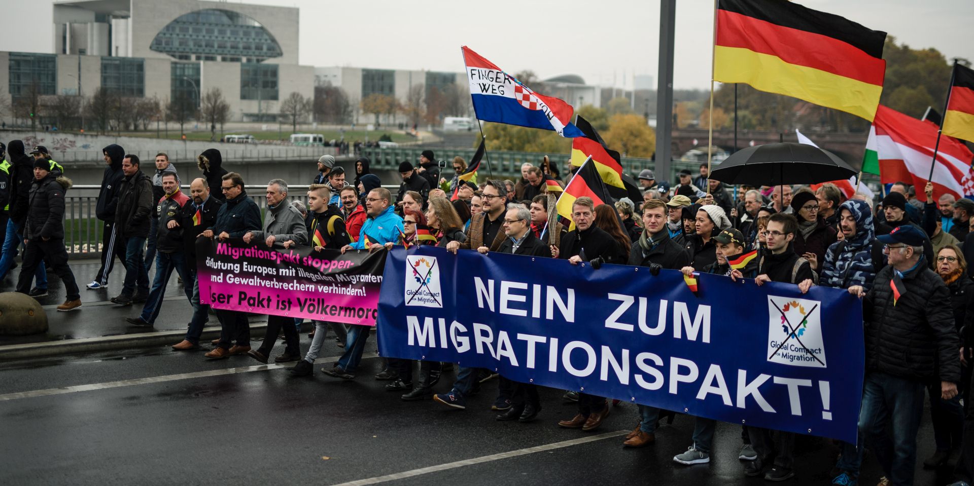 epa07157992 Protesters demonstrate against the so-calleed UN Migration Pact, in Berlin, Germany, 11 November 2018. Several Members of Parliament of the right-wing populist Alternative for Germany (Alternative fuer Deutschland, AfD) party called for a demonstration against the UN-proposed agreement. Already three days ago at the German 'Bundestag' parliament the AfD brought in a motion asking Germany to withdraw from the UN agreement. The Global Compact for Safe, Orderly and Regular Migration (GCM) is a non-binding 'intergovernmentally negotiated agreement, prepared under the auspices of the United Nations', meant to cover 'all dimensions of international migration in a holistic and comprehensive manner'. Some countries such as Austria, Australia, Croatia, Hungary and Poland already declared not to sign the agreement.  EPA/CLEMENS BILAN