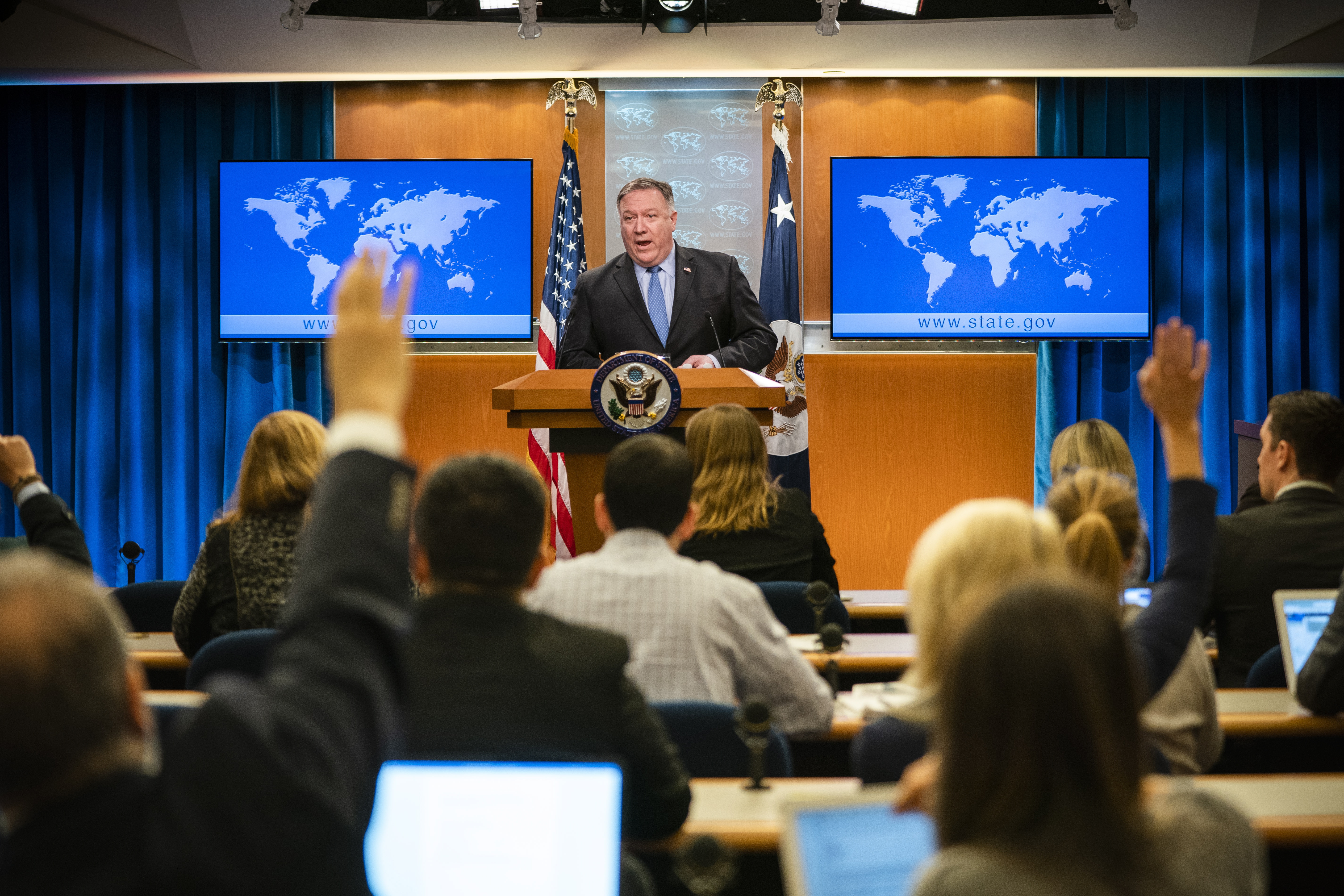 epa07180154 US Secretary of State Mike Pompeo speaks to the media about President Trump's support for the Crown Prince of Saudi Arabia despite that country's murder of journalist Jamal Khashoggi at the Department of State in Washington, DC, USA, 20 November 2018. The press conference comes as Turkey renews pressure on the Trump administration to extradite Fethullah Gulen, a Turkish cleric who lives in Pennsylvania. The White House is reportedly considering the move to ease pressure from Turkey over Khashoggi's murder.  EPA/JIM LO SCALZO