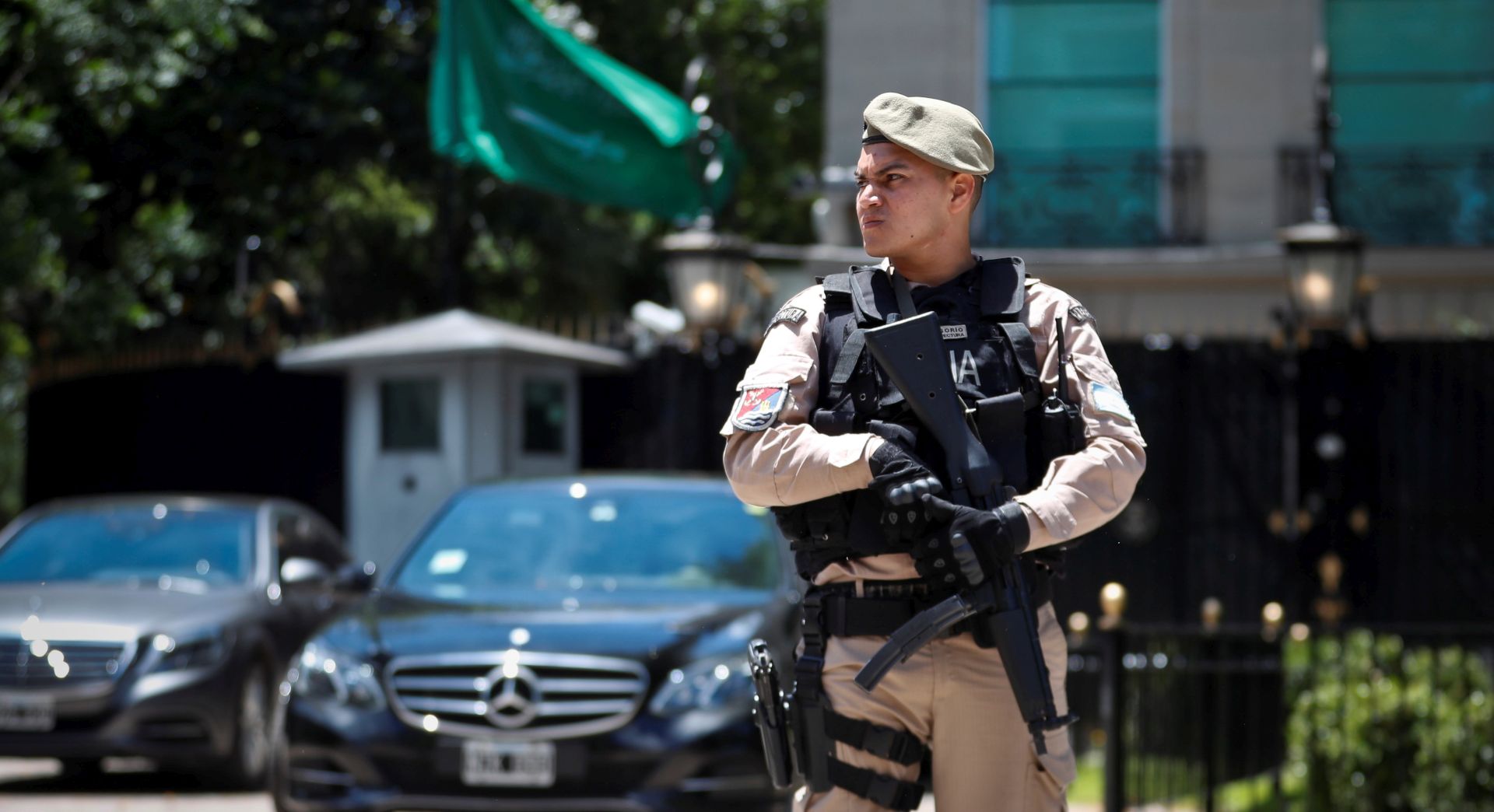 epa07195350 Strong security measures in front of the embassy of Saudi Arabia after the arrival of the Saudi Crown Prince, Mohamed bin Salman, in Buenos Aires, Argentina, 28 November 2018. Mohamed bin Salman arrived in Buenos Aires to participate in the G20 summit running from 30 November – 01 December 2018  which will bring together the heads of State or Government of the 20 largest developed economies.  EPA/Juan Ignacio Roncoroni