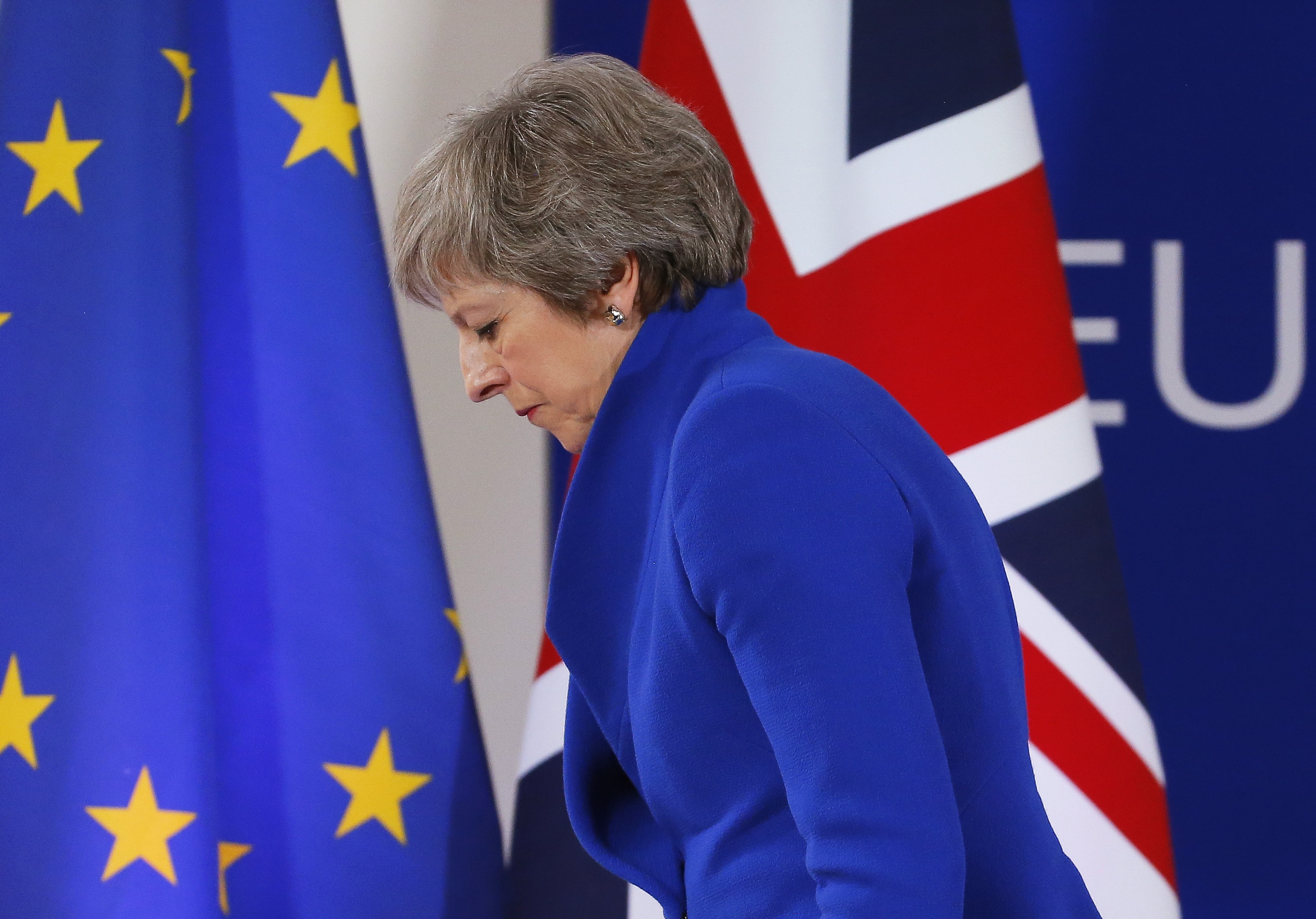 epa07221420 (FILE) - British Prime Minister Theresa May gives a press conference at the end of the European Council meeting in Brussels, Belgium, 25 November 2018, (reissued 10 December 2018). Media reports on 10 December 2018 state that Theresa May is to make a statement to British Membersof Parliament later in the day amid reports the the Meaningful Vote due to take place on 11 December 2018 on her Brexit deal is being delayed.  EPA/OLIVIER HOSLET