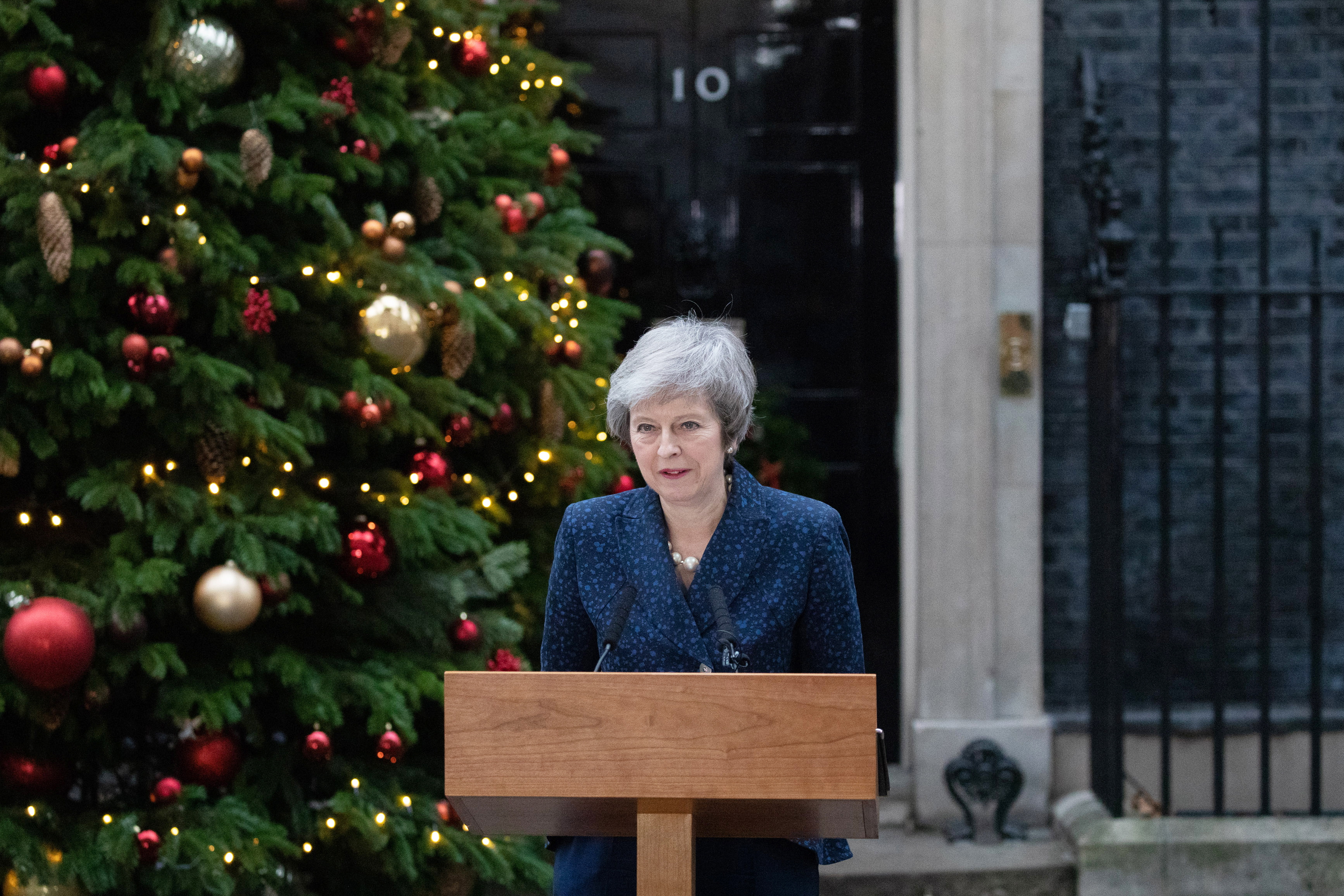 epa07225275 British Prime Minister Theresa May gives a statement outside 10 Downing Street, central London, Britain, 12 December 2018. Theresa May will face a challenge to her leadership on 12 December 2018 after 48 letters calling for a contest were delivered to the Chariman of the 1922 Committee. May will find out her future after Conservative Members of Parliament vote between 18:00 GMT and 20:00 GMT later in the evening.  EPA/STR