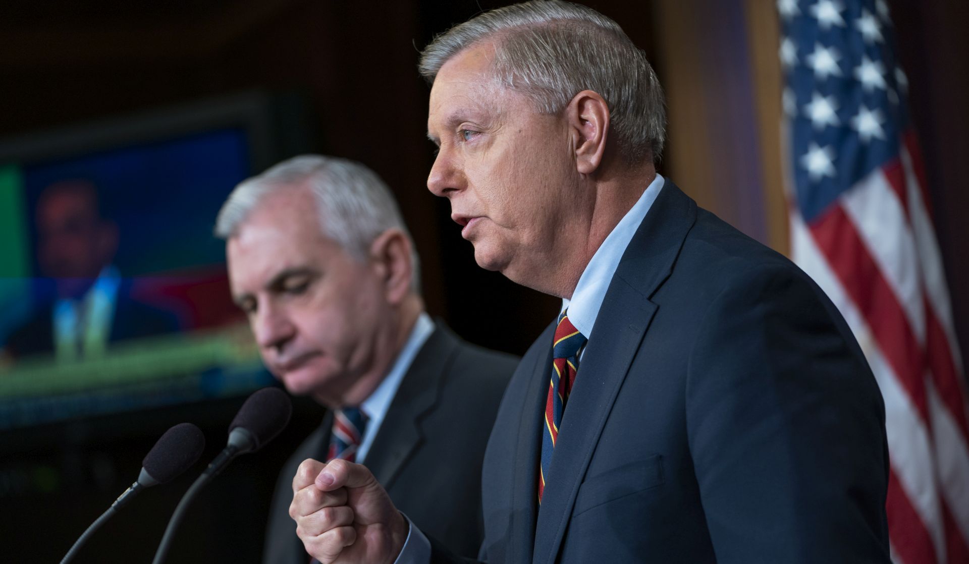 epa07242498 Republican Senator from South Carolina Lindsey Graham (R), along with Democratic Senator from Rhode Island Jack Reed (L), speaks to the media about President Trump's decision to withdraw American troops from Syria in the US Capitol in Washington, DC, USA, 20 December 2018. Russian President Vladimir Putin praised the move, while members of Trump's own party have expressed alarm at the decision.  EPA/JIM LO SCALZO