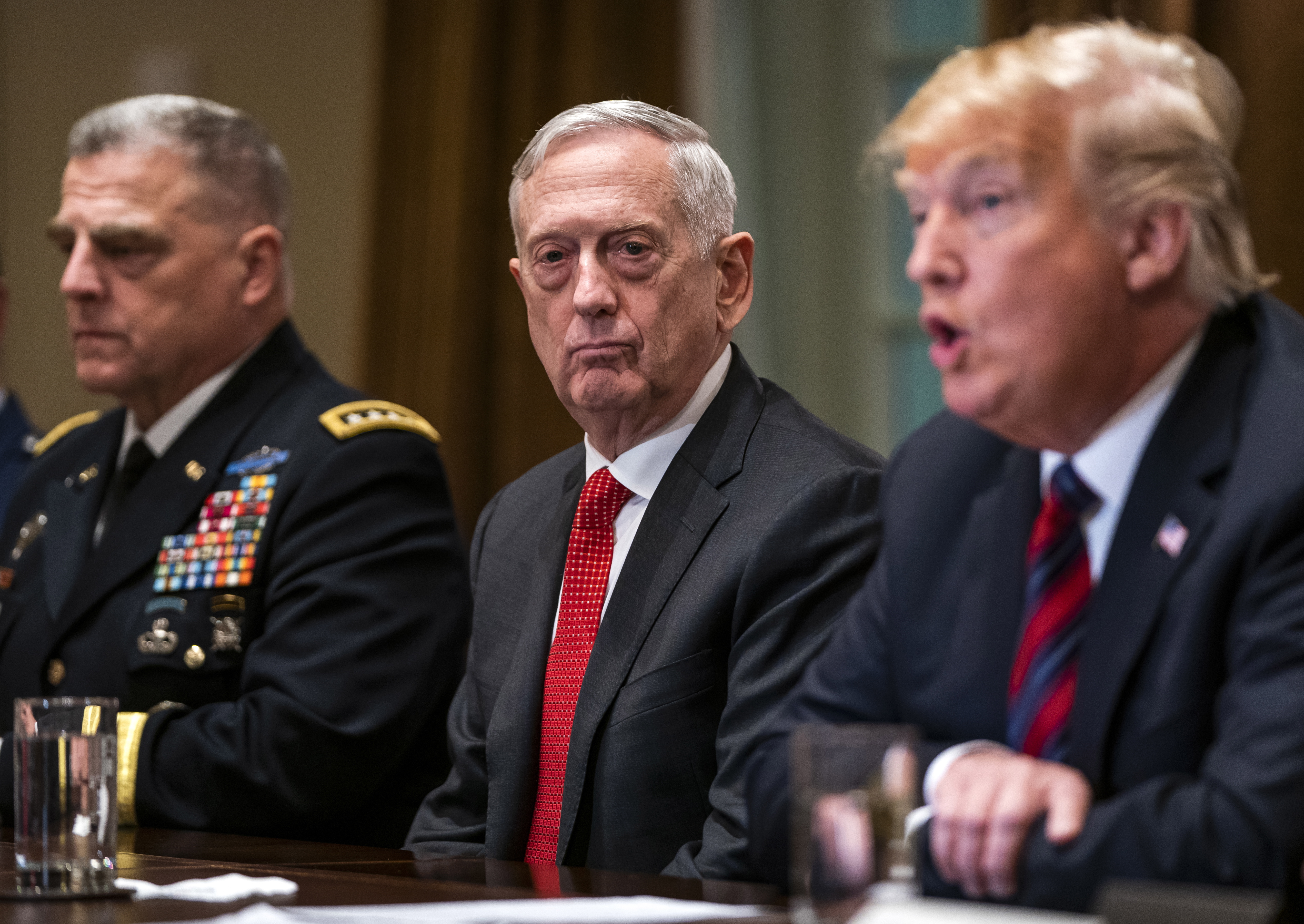 epa07242840 (FILE) - US Defense Secretary James Mattis (C) listens to President Donald J. Trump (R) speaking to the media before meeting with senior military advisors in the Cabinet Room of the White House in Washington, DC, USA, 23 October 2018 (re-issued 20 December 2018). Media reports on 20 December 2018 state that US Secretary of Defense James Mattis is retiring at the end of February 2019 citing the announcment from a tweet by US President Donald J. Trump.  EPA/JIM LO SCALZO