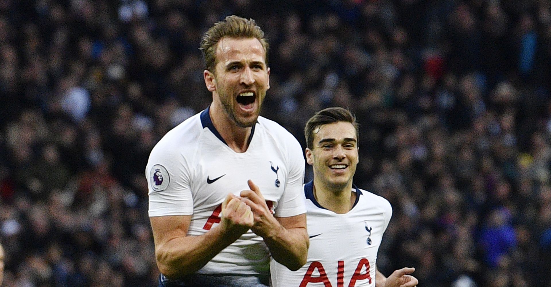 epa07252941 Tottenham Hotspur's Harry Kane (L) celebrates scoring a goal during the English Premier League soccer match between Tottenham Hotspur and Wolverhampton Wanderers at Wembley Stadium in London, Britain, 29 December 2018.  EPA/NEIL HALL EDITORIAL USE ONLY. No use with unauthorized audio, video, data, fixture lists, club/league logos or 'live' services. Online in-match use limited to 120 images, no video emulation. No use in betting, games or single club/league/player publications.