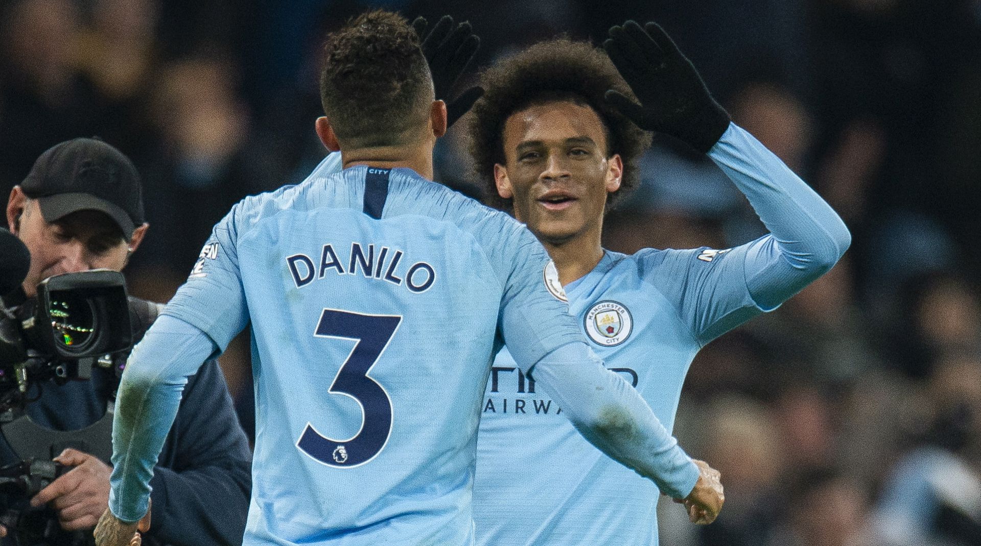 epa07260629 Manchester City's Leroy Sane (R) reacts with Manchester City's Danilo after winning the English Premier League soccer match between Manchester City and Liverpool at the Etihad Stadium in Manchester, Britain, 03 January 2019.  EPA/PETER POWELL EDITORIAL USE ONLY. No use with unauthorized audio, video, data, fixture lists, club/league logos or 'live' services. Online in-match use limited to 120 images, no video emulation. No use in betting, games or single club/league/player publications