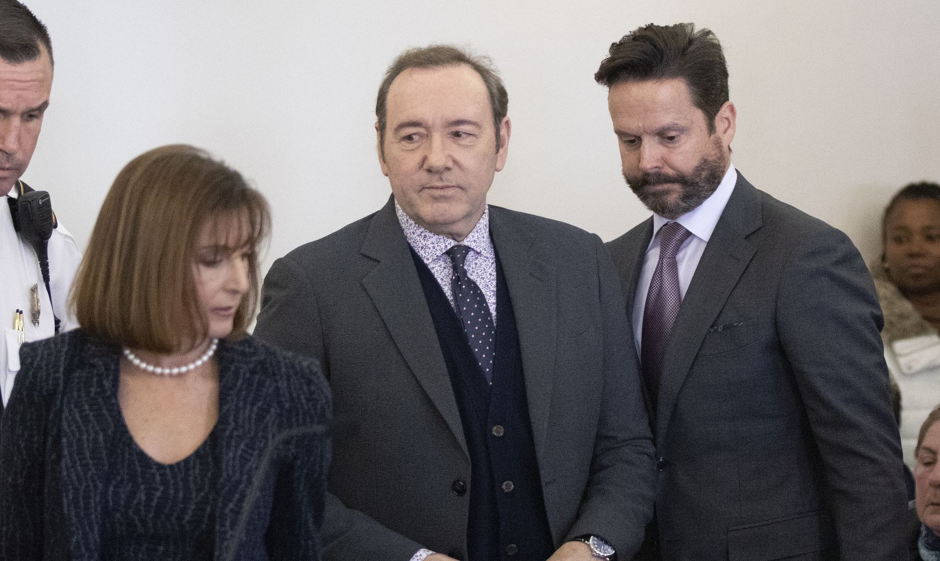 epa07268182 Actor Kevin Spacey (C) and his attorneys Alan Jackson (R) and Juliane Balliro (L) arrive appear at the Nantucket District Court, in Nantucket, Massachusetts, USA, 07 January 2019. Spacey appeared at the Nantucket District Court for arraignment on a sexual assault charge that allegedly took place at the Club Car in July 2016. According to reports, Spacey has said he will plead not guilty.  EPA/NICOLE HARNISHFEGER / POOL
