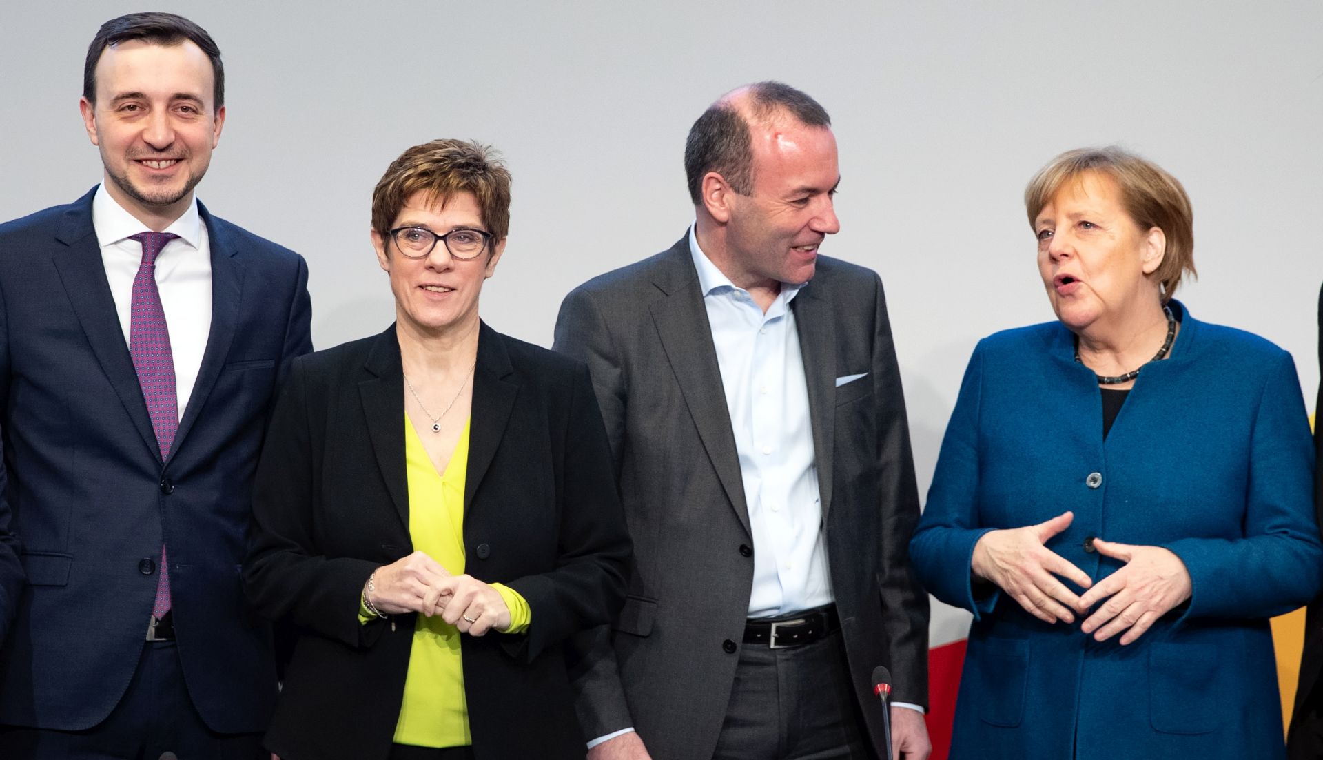 epa07282265 (L-R) Secretary General Paul Ziemiak, Christian Democratic Union (CDU) party chairwoman Annegret Kramp-Karrenbauer, European People's Party in the European Parliament Leader Manfred Weber and German Chancellor Angela Merkel during a party's executive board two-day retreat in Potsdam near Berlin, Germany, 14 January 2019. The CDU is expected to discuss upcoming elections, such as the European Parliament election and various regional elections.  EPA/HAYOUNG JEON