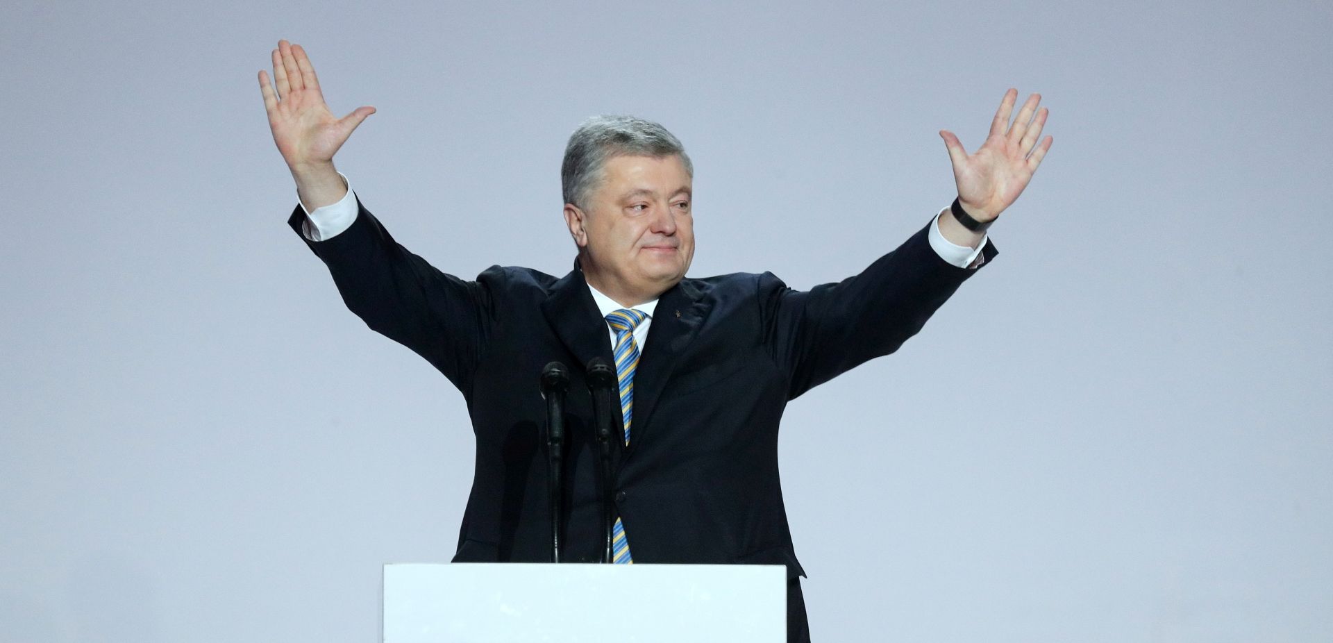 epa07329512 Ukrainian President Petro Poroshenko reacts after announcing his decision to be a candidate on the next Presidential elections in Kiev, Ukraine, 29 January 2019. The next presidential elections will take place in Ukraine on 31 March 2019.  EPA/SERGEY DOLZHENKO