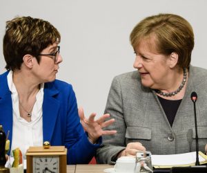 epa07280596 Christian Democratic Union (CDU) party chairwoman Annegret Kramp-Karrenbauer (L) and German Chancellor of the Christian Democratic Union (CDU) party Angela Merkel (R) talk during the beginning of a party's executive board two-day retreat in Potsdam near Berlin, Germany, 13 January 2019. The CDU is expected to discuss upcoming elections, like the European elections and various regional elections.  EPA/CLEMENS BILAN