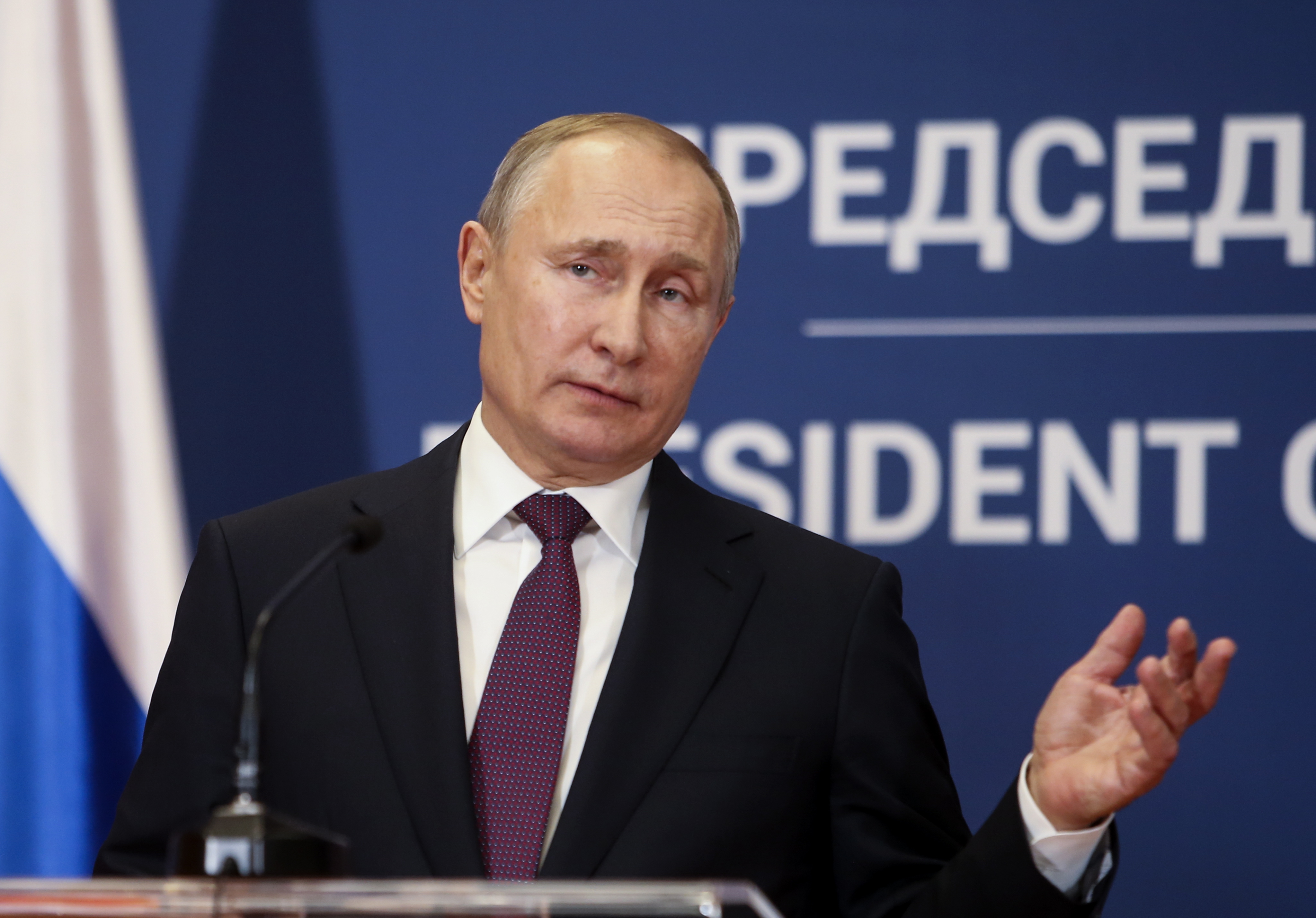 epa07293915 Russian President Vladimir Putin gestures during the joint press conference with his Serbian counterpart  Aleksandar Vucic, in Belgrade, Serbia, 17 January 2019. President Putin is on a one-day state visit to Serbia.  EPA/ANDREJ CUKIC