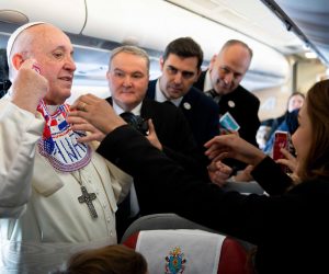 epa07312279 A handout picture provided by the Vatican Media shows Pope Francis speaking to journalists on a plane heading to Panama, 23 January 2019. Panama will host the World Youth Day (WYD) from 23 until 27 January 2019, one of the main events of the Church that gathers the Pope with youngsters from around the world.  EPA/VATICAN MEDIA HANDOUT  HANDOUT EDITORIAL USE ONLY/NO SALES