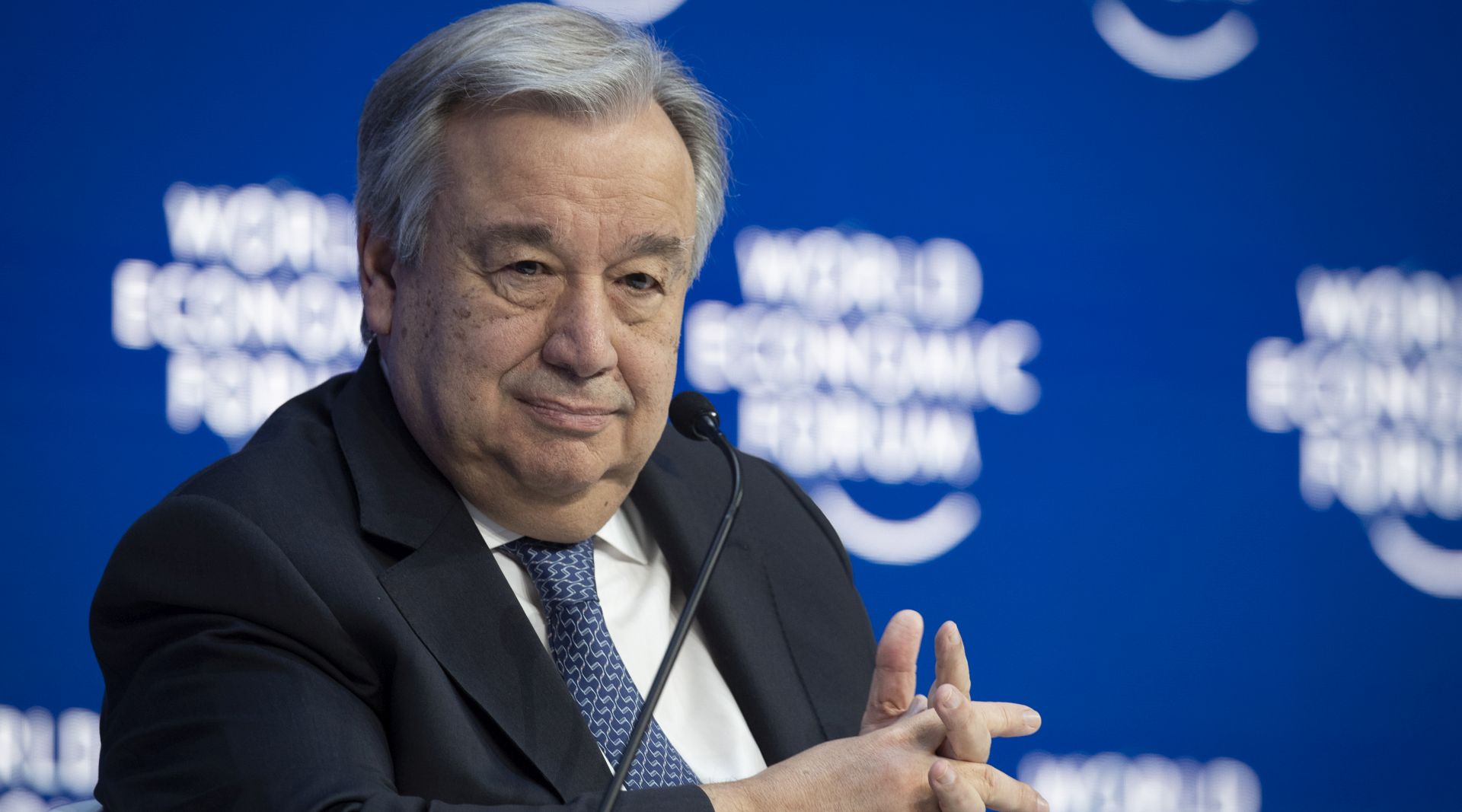 epa07314875 United Nations Secretary General Antonio Guterres attends a plenary session at the 49th annual meeting of the World Economic Forum, WEF, in Davos, Switzerland, 24 January 2019. The meeting brings together entrepreneurs, scientists, corporate and political leaders in Davos under the topic 'Globalization 4.0' from 22 - 25 January 2019.  EPA/LAURENT GILLIERON