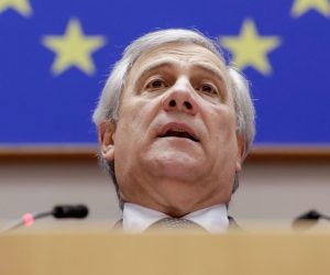 epa07331568 European Parliament President Antonio Tajani gives a speech for the International Holocaust remembrance day at the European Parliament in Brussels, Belgium, 30 January 2019.  EPA/STEPHANIE LECOCQ