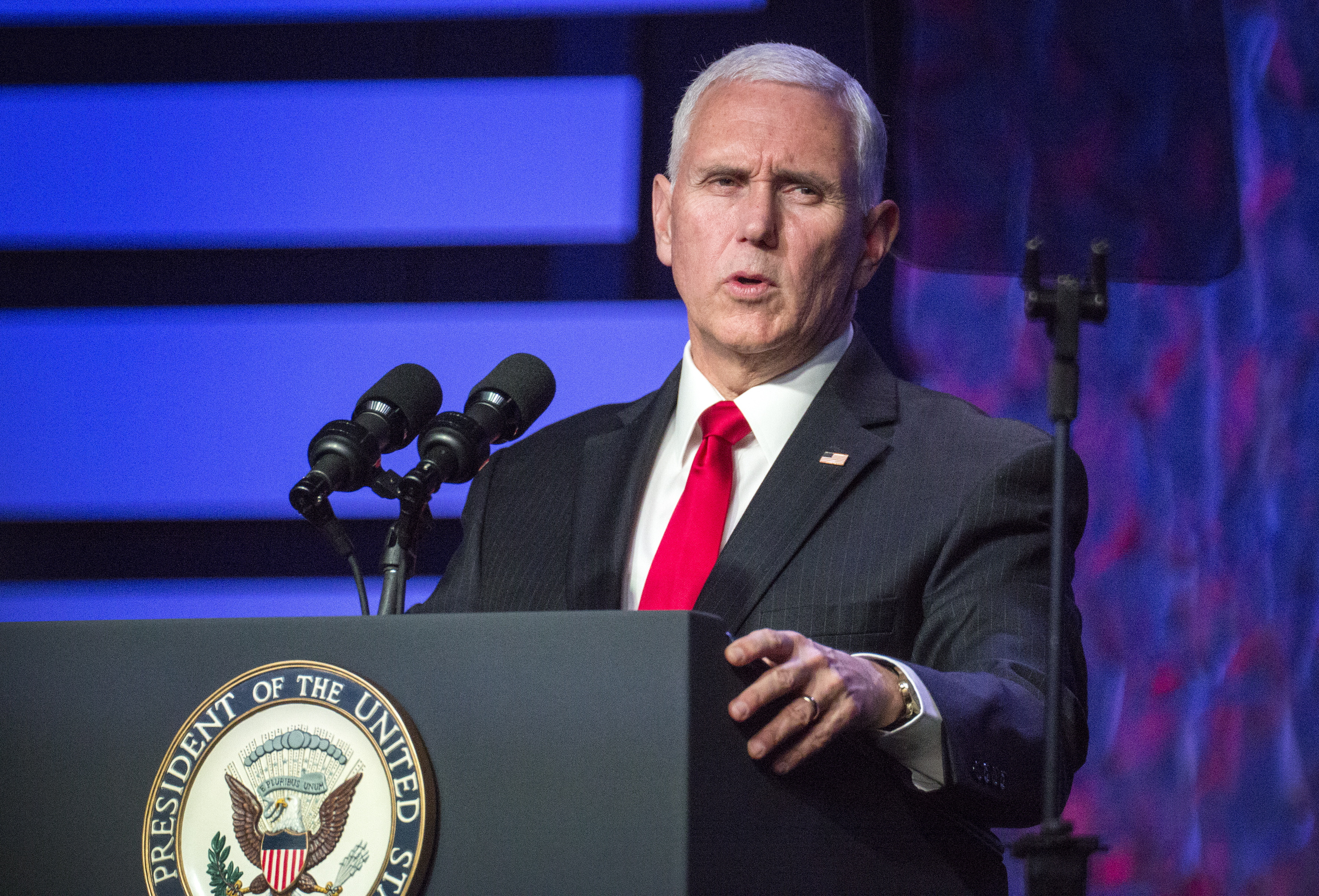 epa07337001 US Vice President Mike Pence speaks at event in support of Venezuelan opposition leader Juan Guaido after a roundtable with Venezuelan exiles and community leaders at Iglesia Doral Jesus Worship Center in Doral, Florida, USA, 01 February 2019. Juan Guaido was recognized as Venezuela's interim president by the Trump administration. Roundtable participants include Florida Governor Ron DeSantis and fellow Republicans Sens. Marco Rubio and Rick Scott and Rep. Mario Diaz-Balart, plus Venezuelan Charge d'Affaires Carlos Vecchio, who has been designated as Venezuela's representative in the U.S. by Guaido.  EPA/CRISTOBAL HERRERA